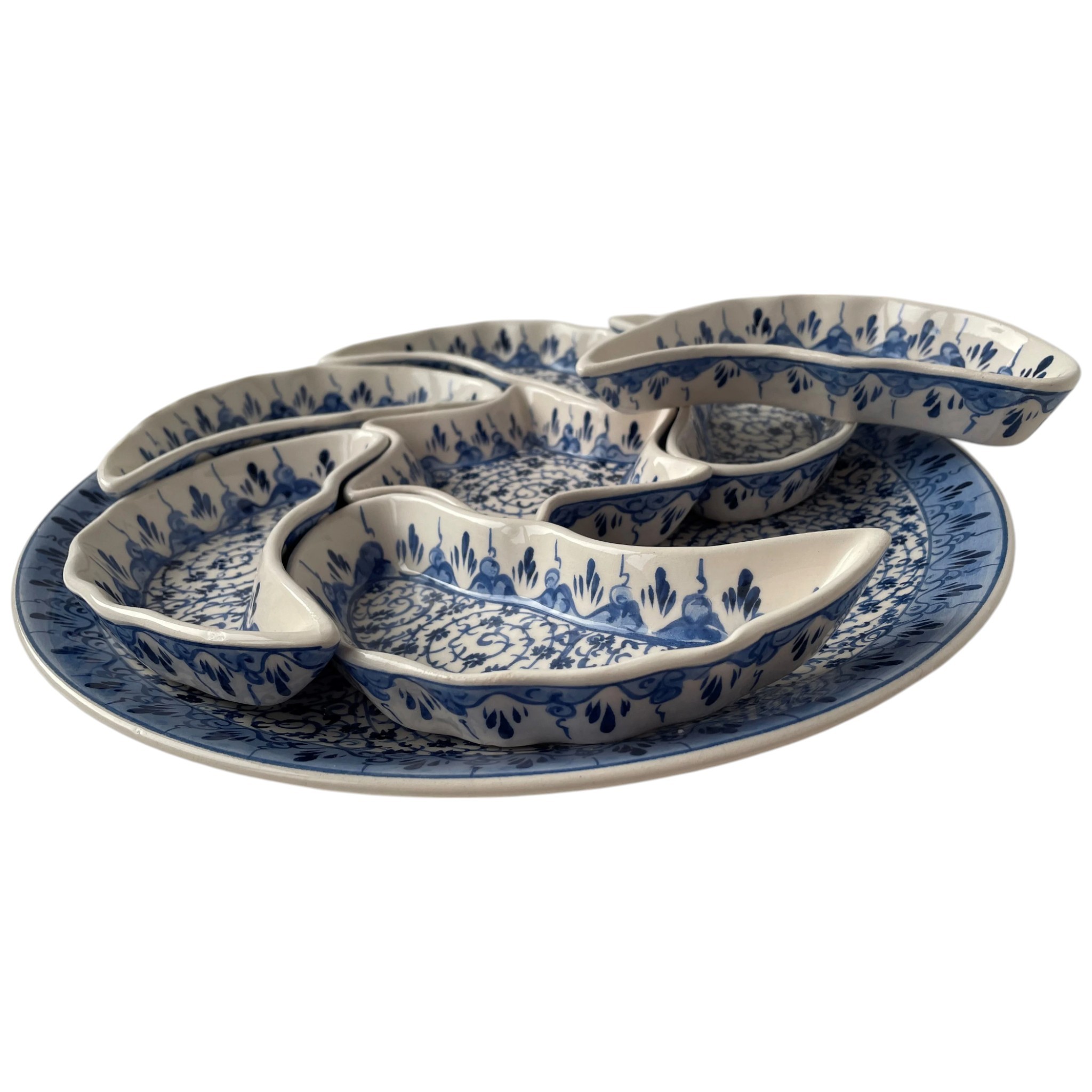 Handmade Multipurpose Ceramic Serving Platter and Dish Set - Chips, Snacks, Dips, Mezes, Breakfast & More | Zeem Ceramic - Blue Golden Horn and Blue Milet Work