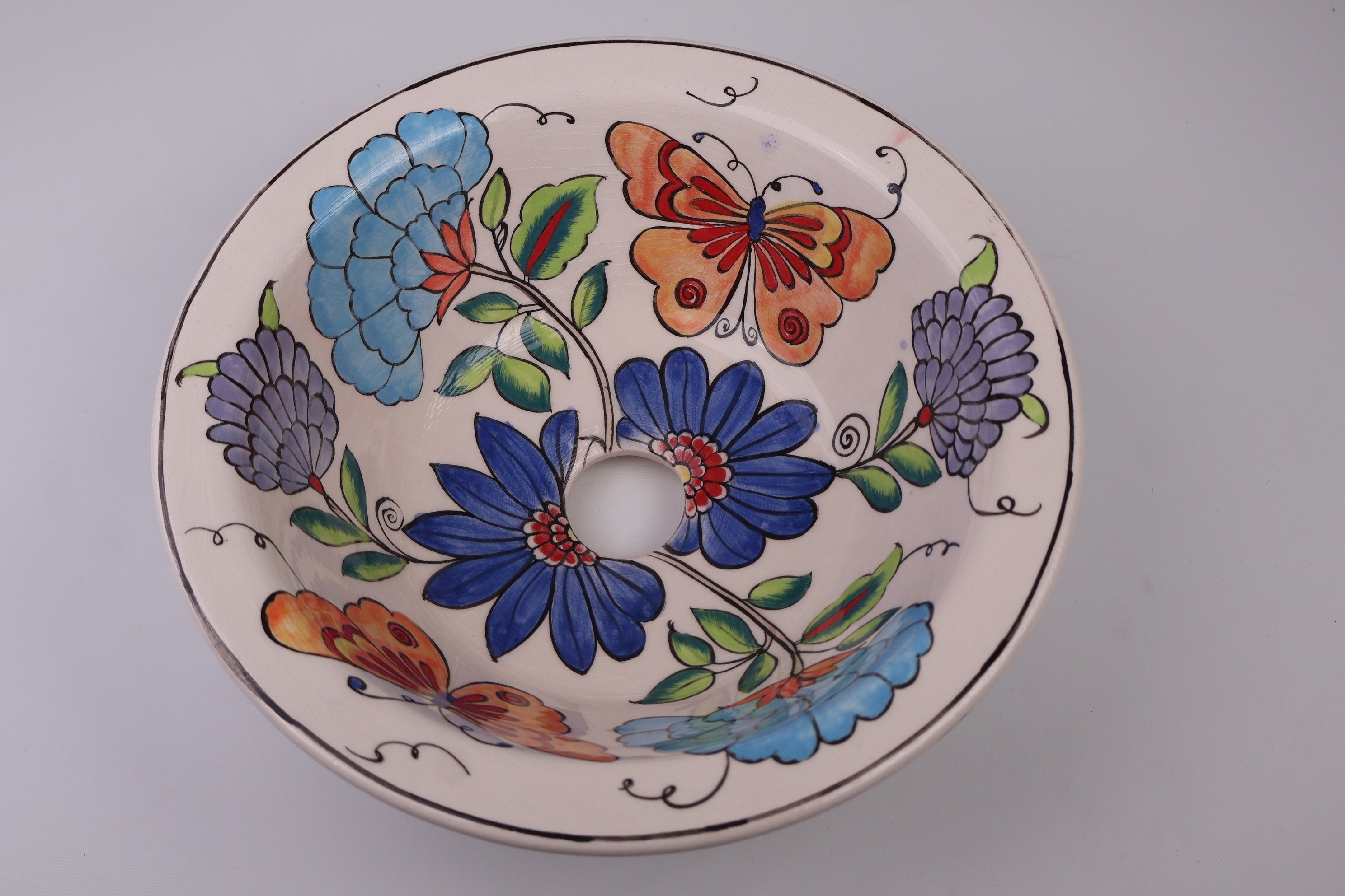 Colorful Floral & Butterfly Design Ceramic Sink - Handmade Masterpiece