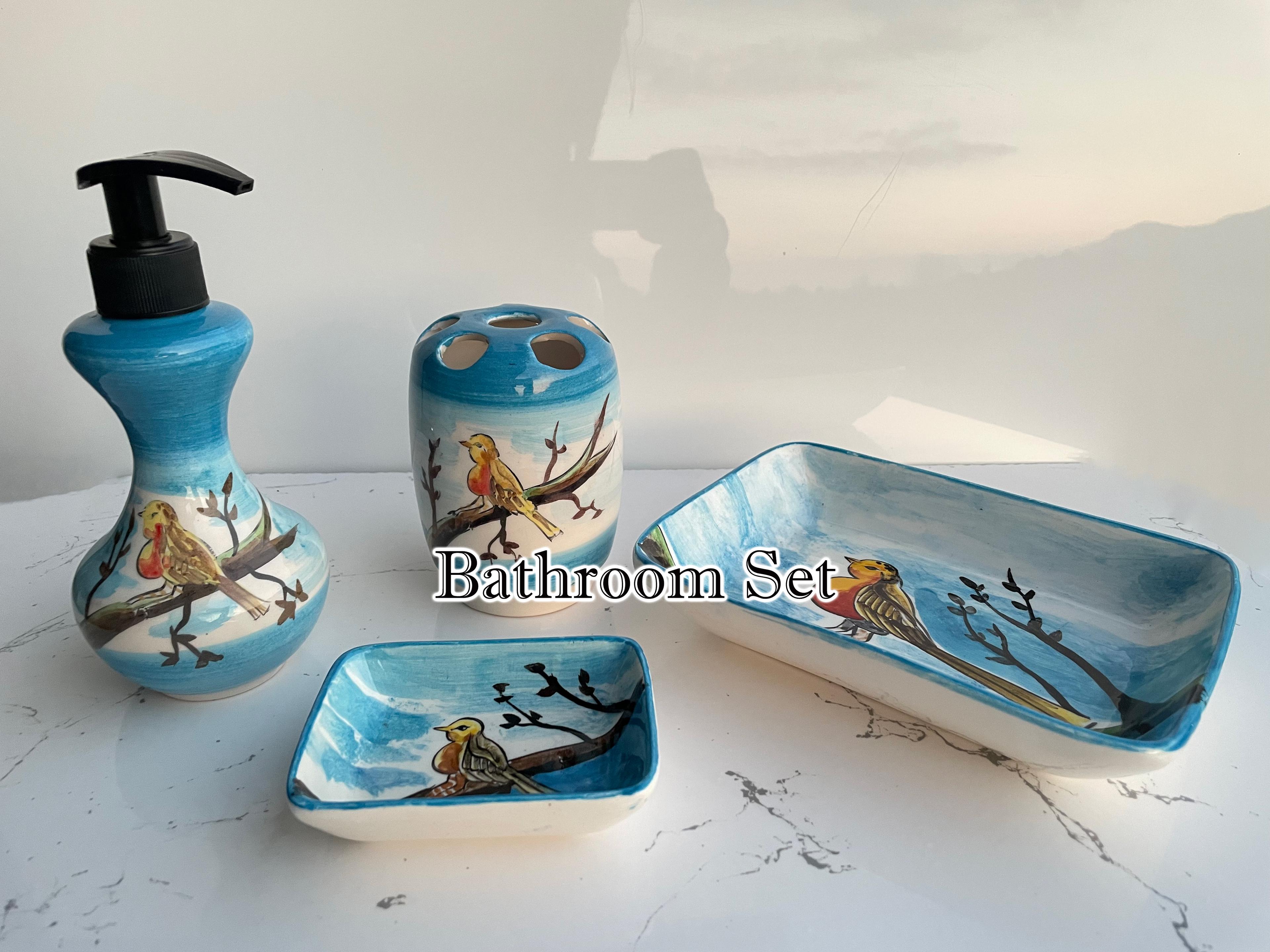 Hand Painted Ceramic Bathroom Accessory Set - Birds