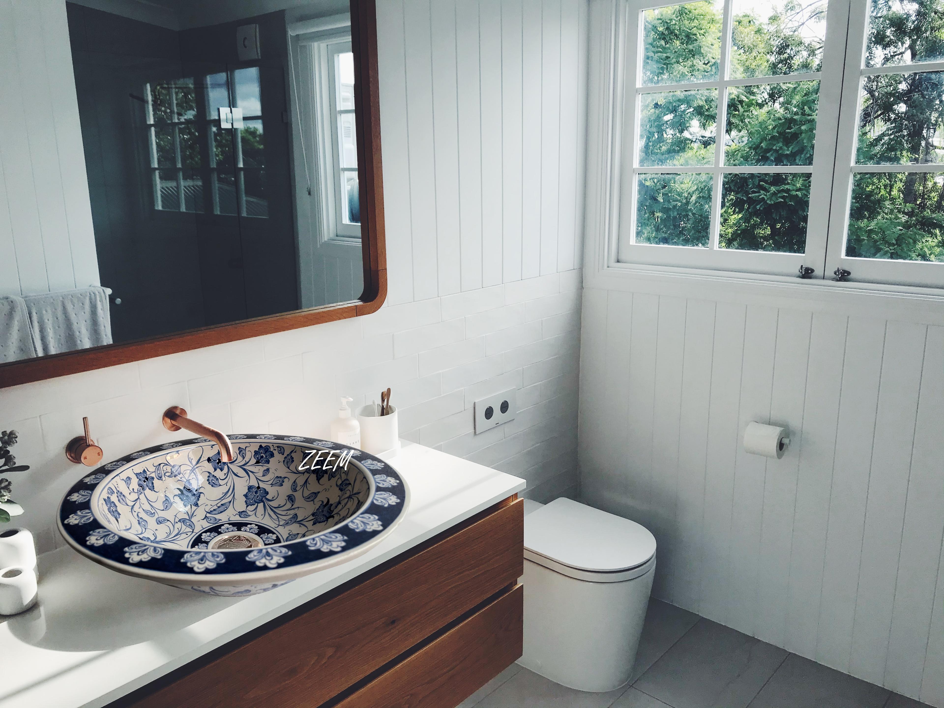 Hand Painted Bathroom Ceramic Vessel Sink Countertop - Bleu Blanc