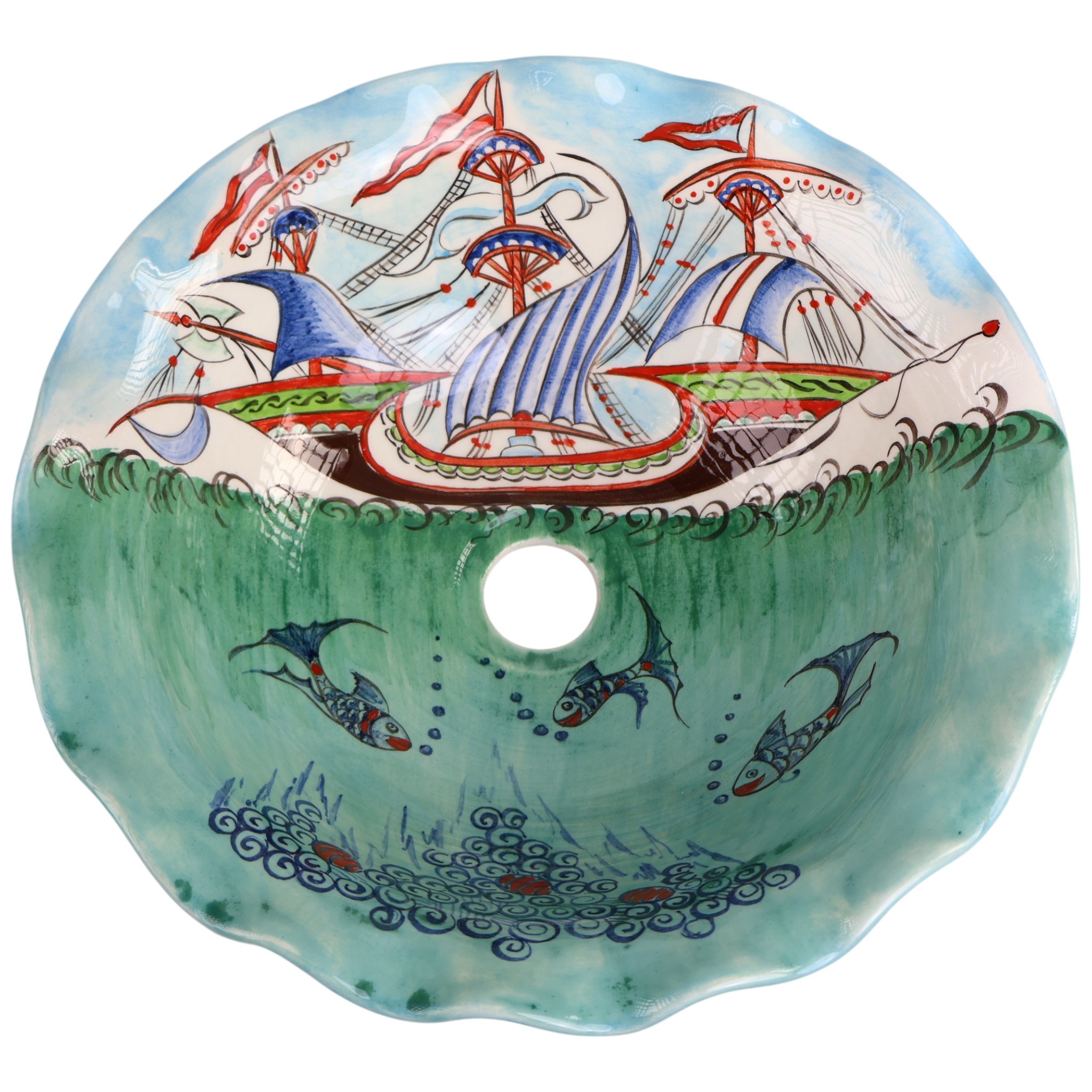 Hand-Painted Nautical Ceramic Sink - Turkish Ceramic Bowl Sink | Iznik-Inspired Bathroom Sink for Remodeling with Maritime Decor