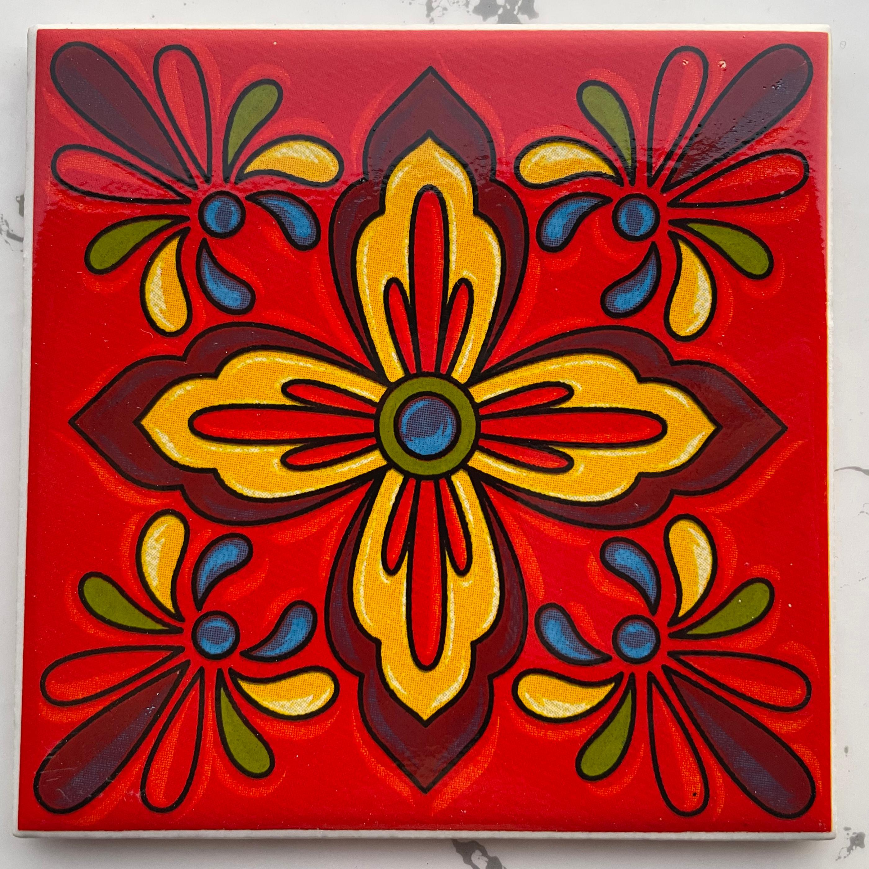 Hand-Printed Mexican Tile Designs - Handcrafted Backsplash Tile with Geometric and Floral Pattern -  3.7in[10cm]