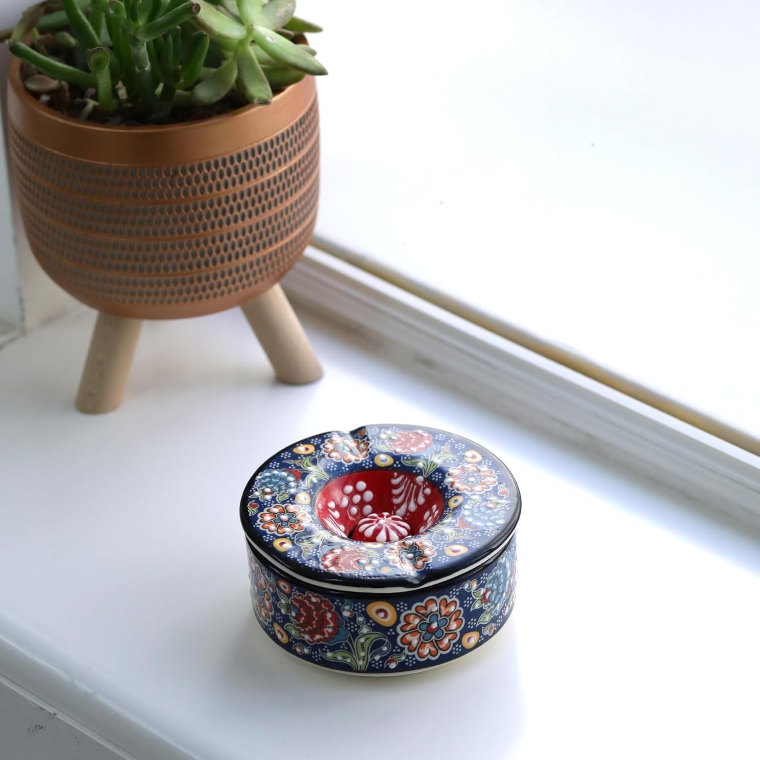 Printed Ceramic Ashtray - Assorted Colors and Floral Patterns - Navy Blue