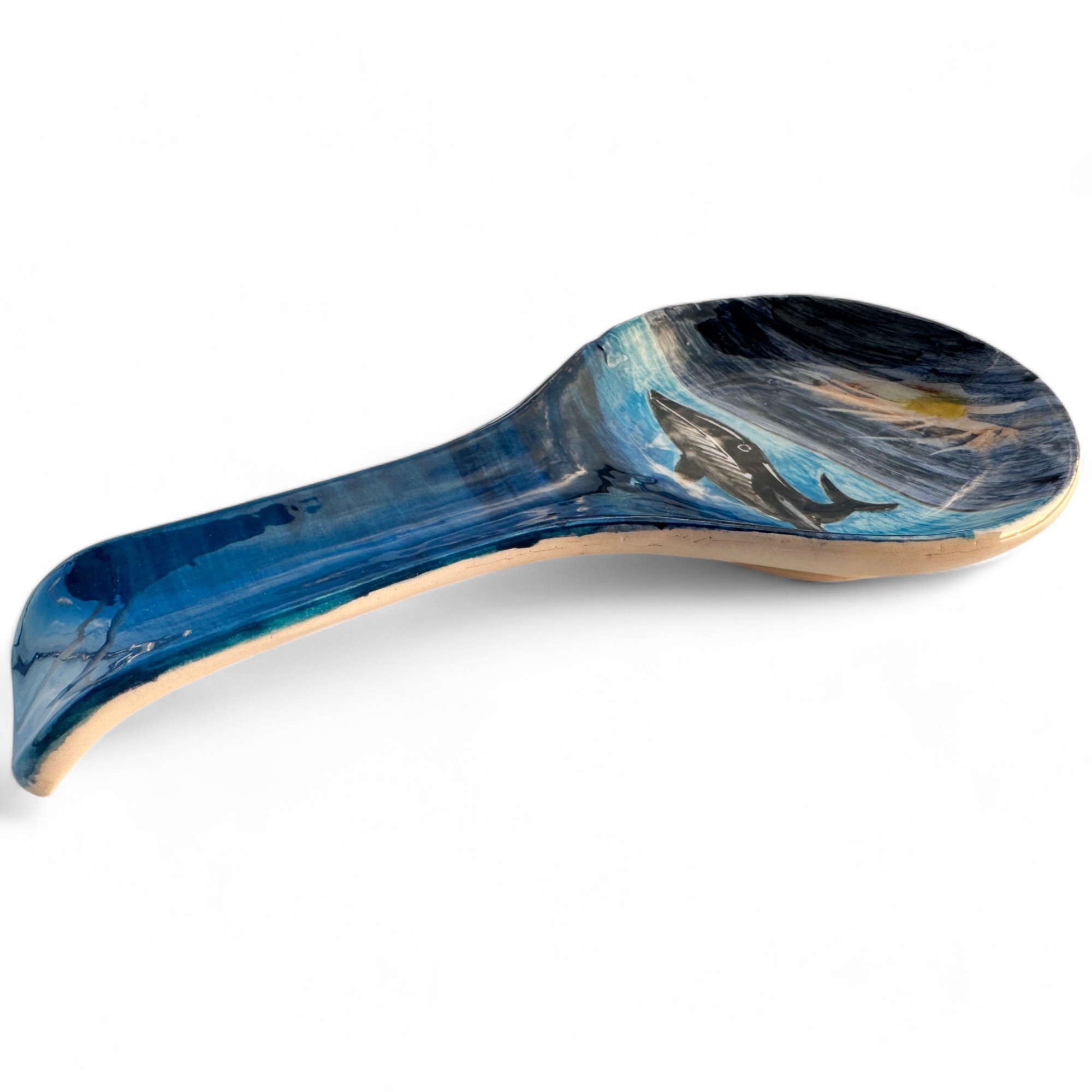 Handcrafted Animal Patterned Ceramic Spoon Rest - Hand Painted Sea Design Spoon Holder - Sun and Whale