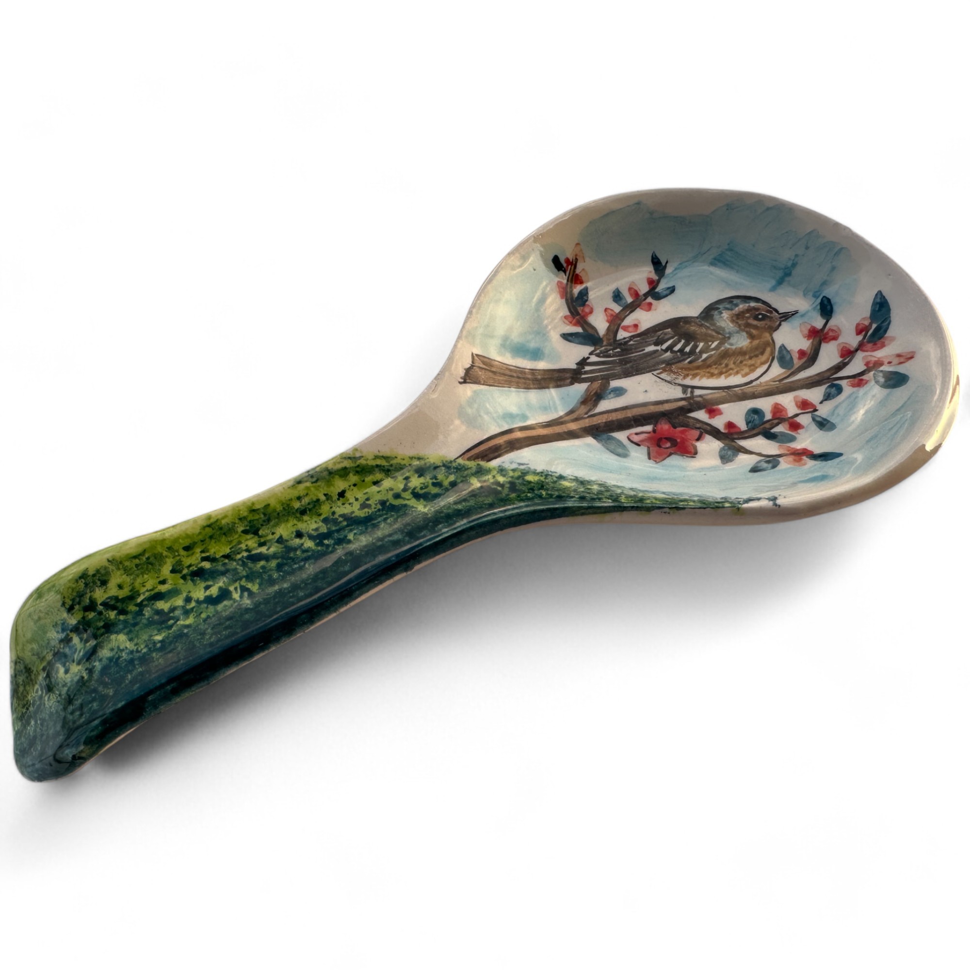 Handcrafted Animal Patterned Ceramic Spoon Rest - Hand Painted Sea Design Spoon Holder - Alone Bird