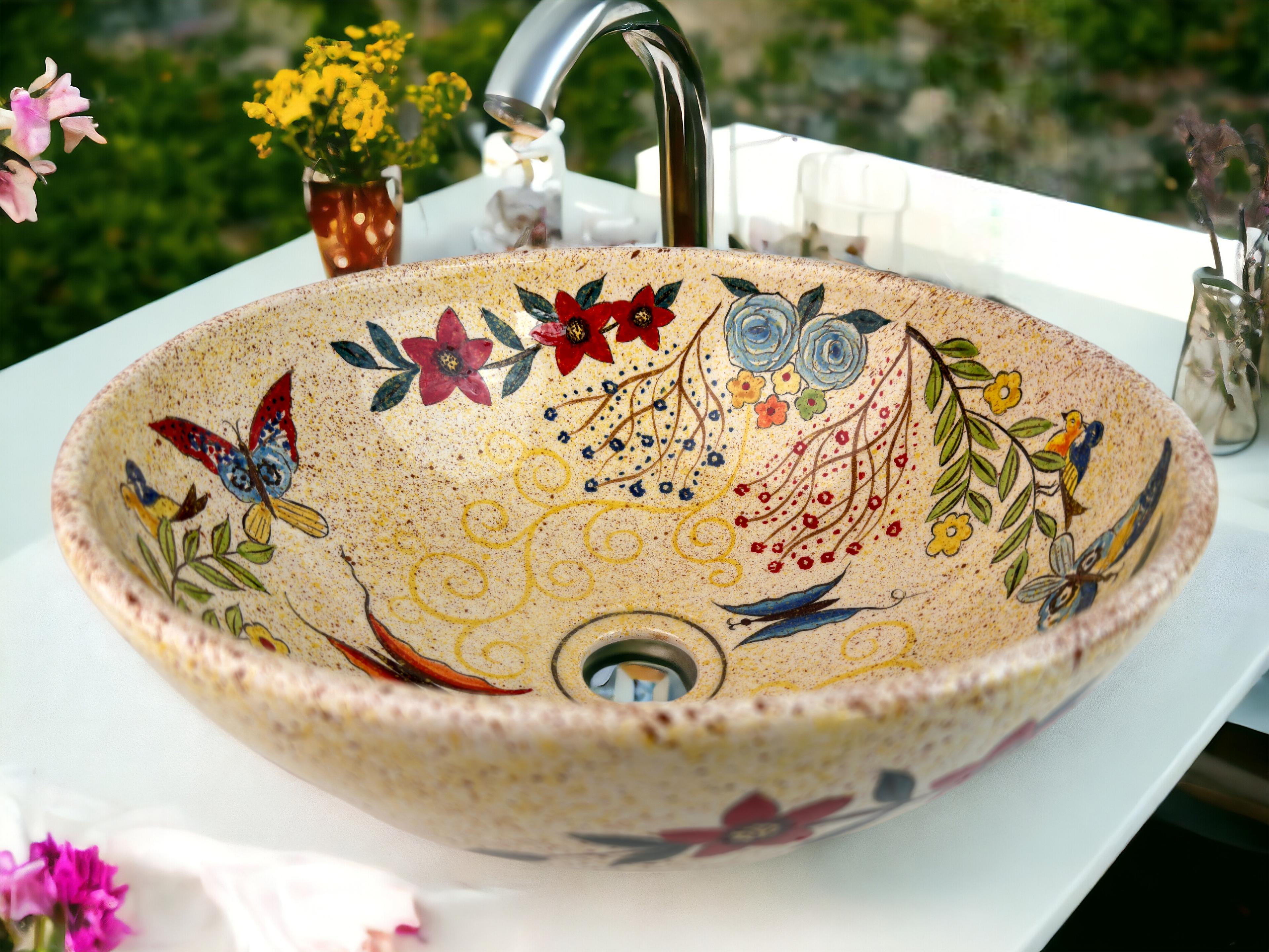 Bathroom Countertop Ceramic Vessel Sink - Butterfly and Flowers