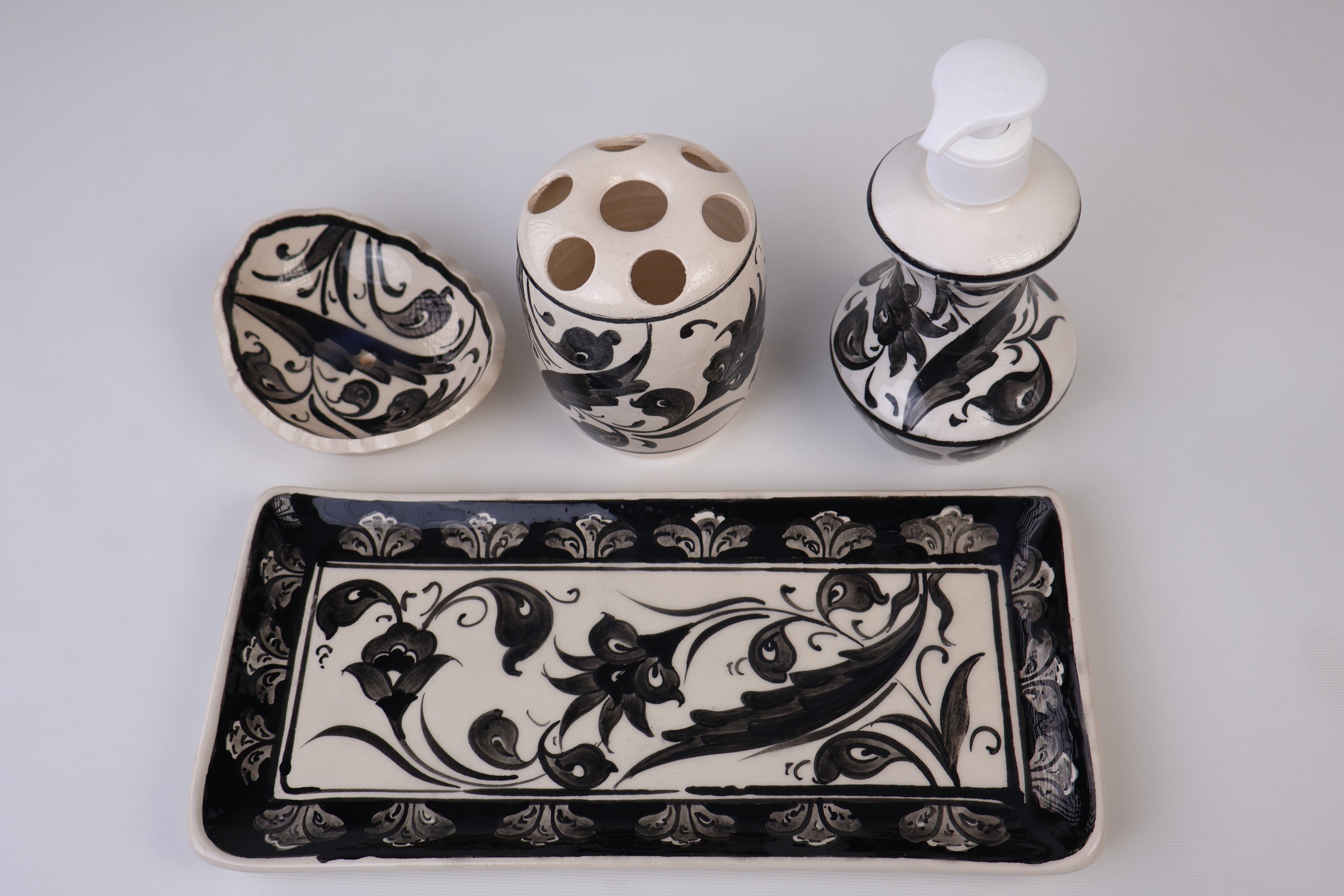 Artistic Ceramic Bathroom Accessories by Zeem Ceramic - Hand-Painted Black Leaves Perfection