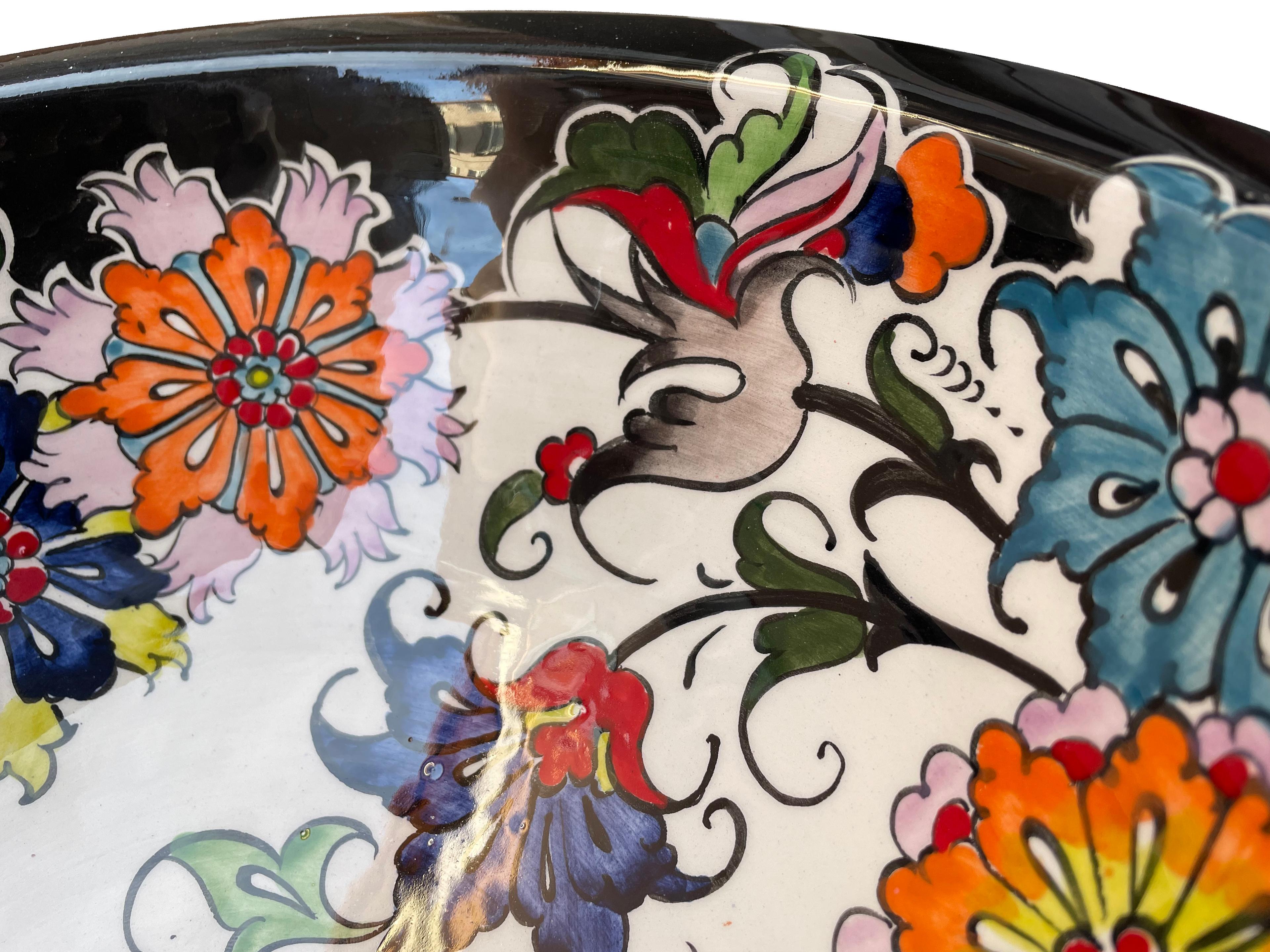 Hand Painted Bathroom Ceramic Vessel Sink Countertop - Multicolor Flowers with Black Rim