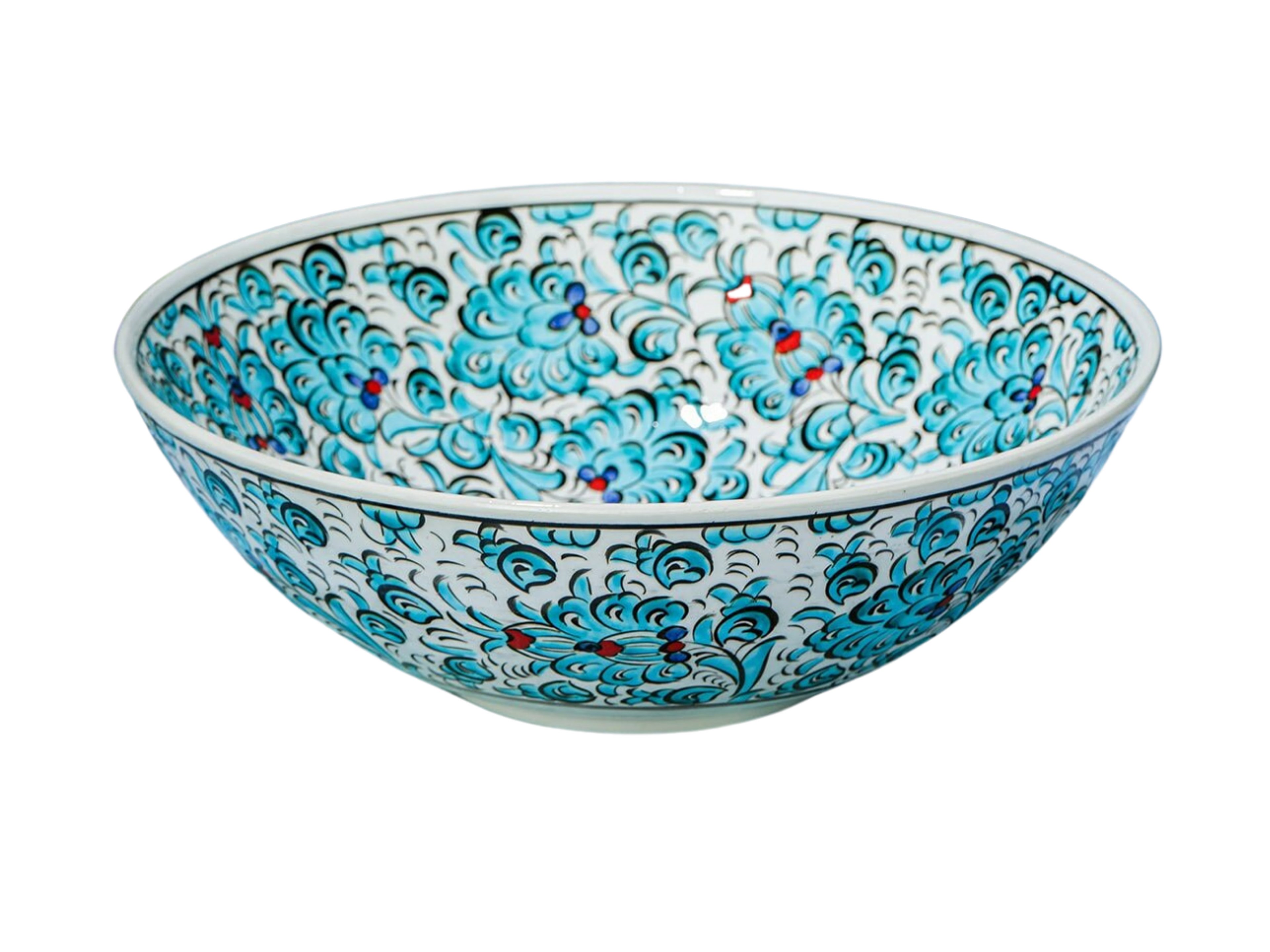 Artisan Hand-Painted Pottery Floral Bowls | Multicolor Turkish Ceramic Bowls for Meals, Snacks, Salads & Fruit - Turquoise Lotus