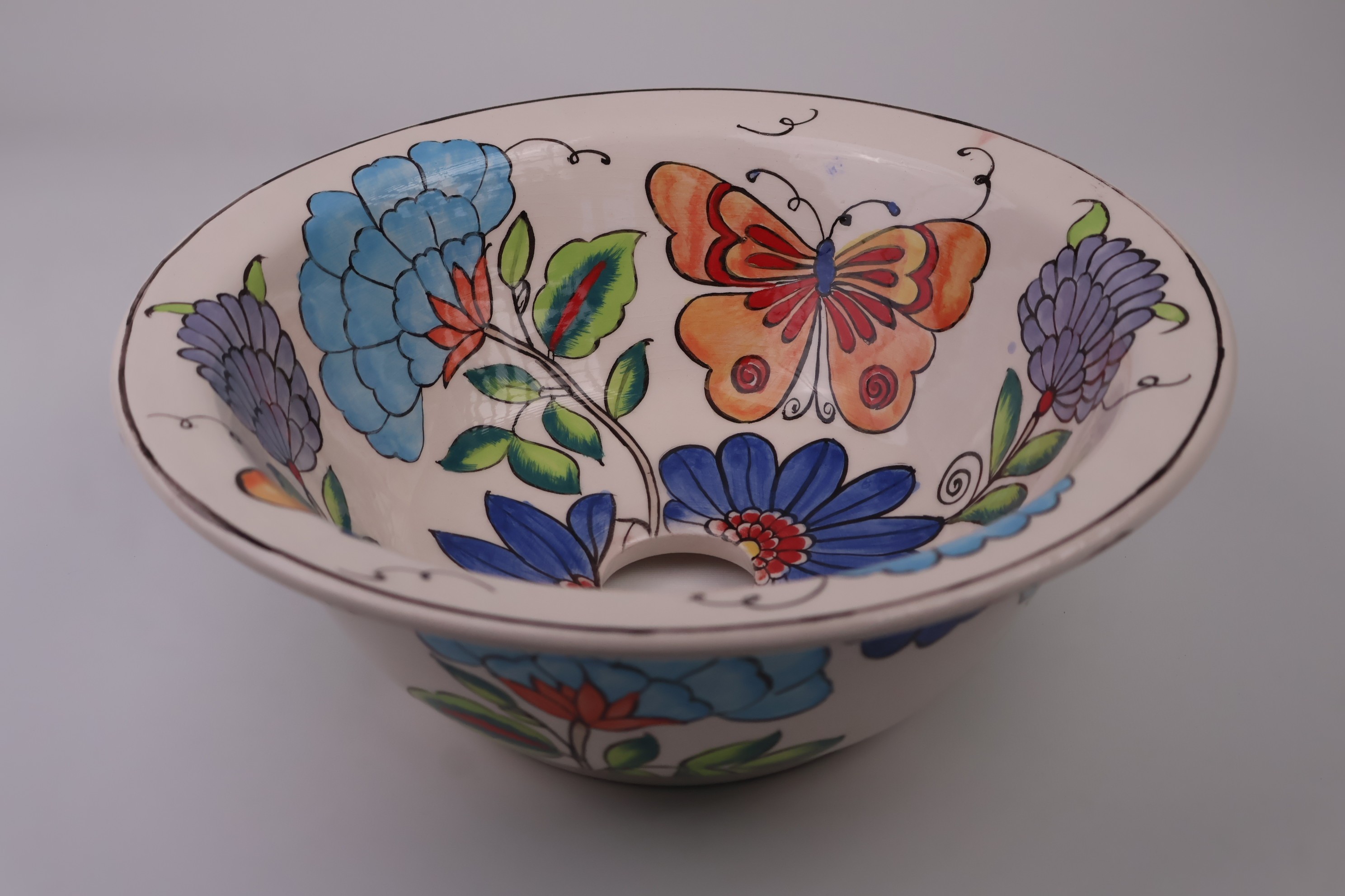 Colorful Floral & Butterfly Design Ceramic Sink - Handmade Masterpiece