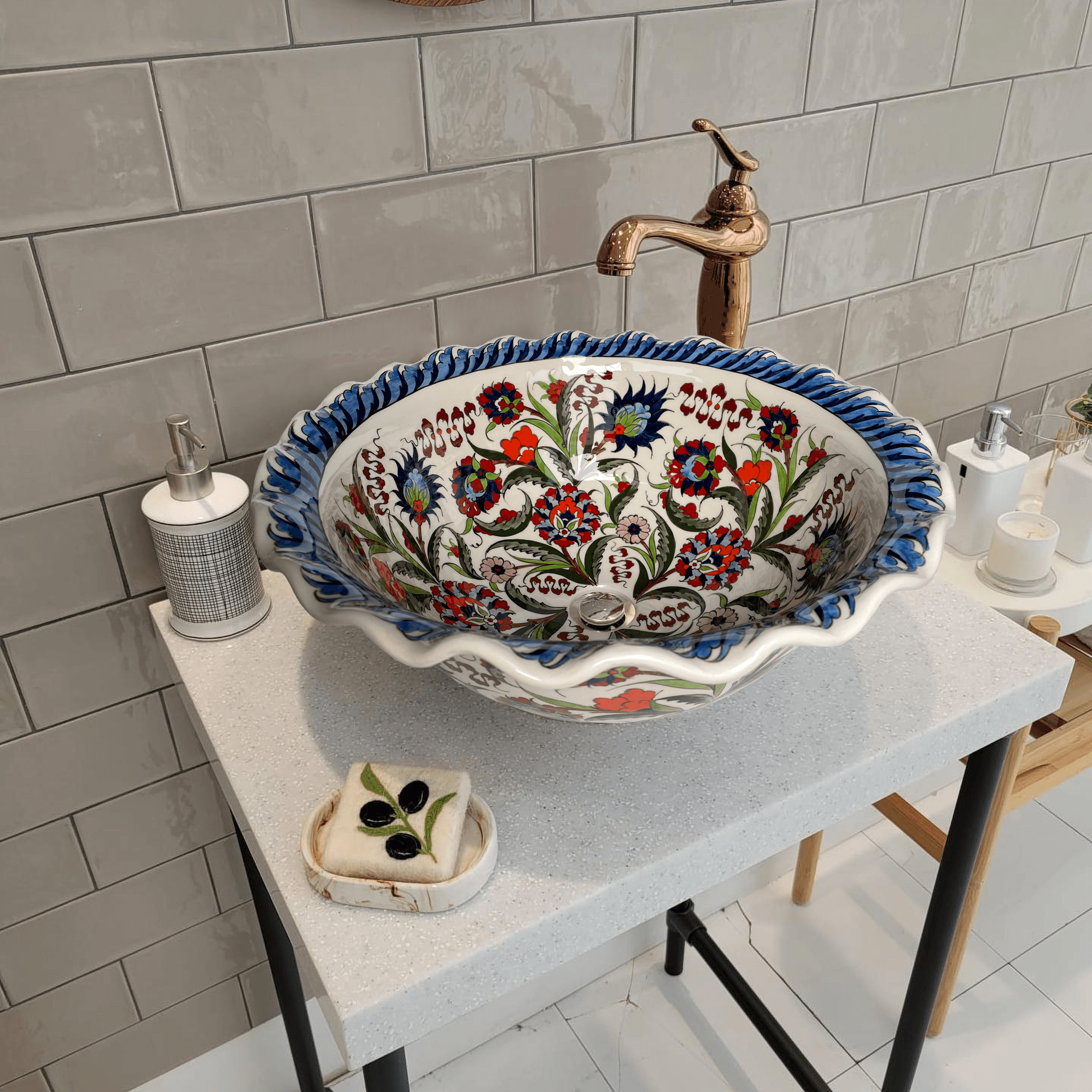 Hand Painted Bathroom Ceramic Vessel Sink Countertop - Multicolor Flowers