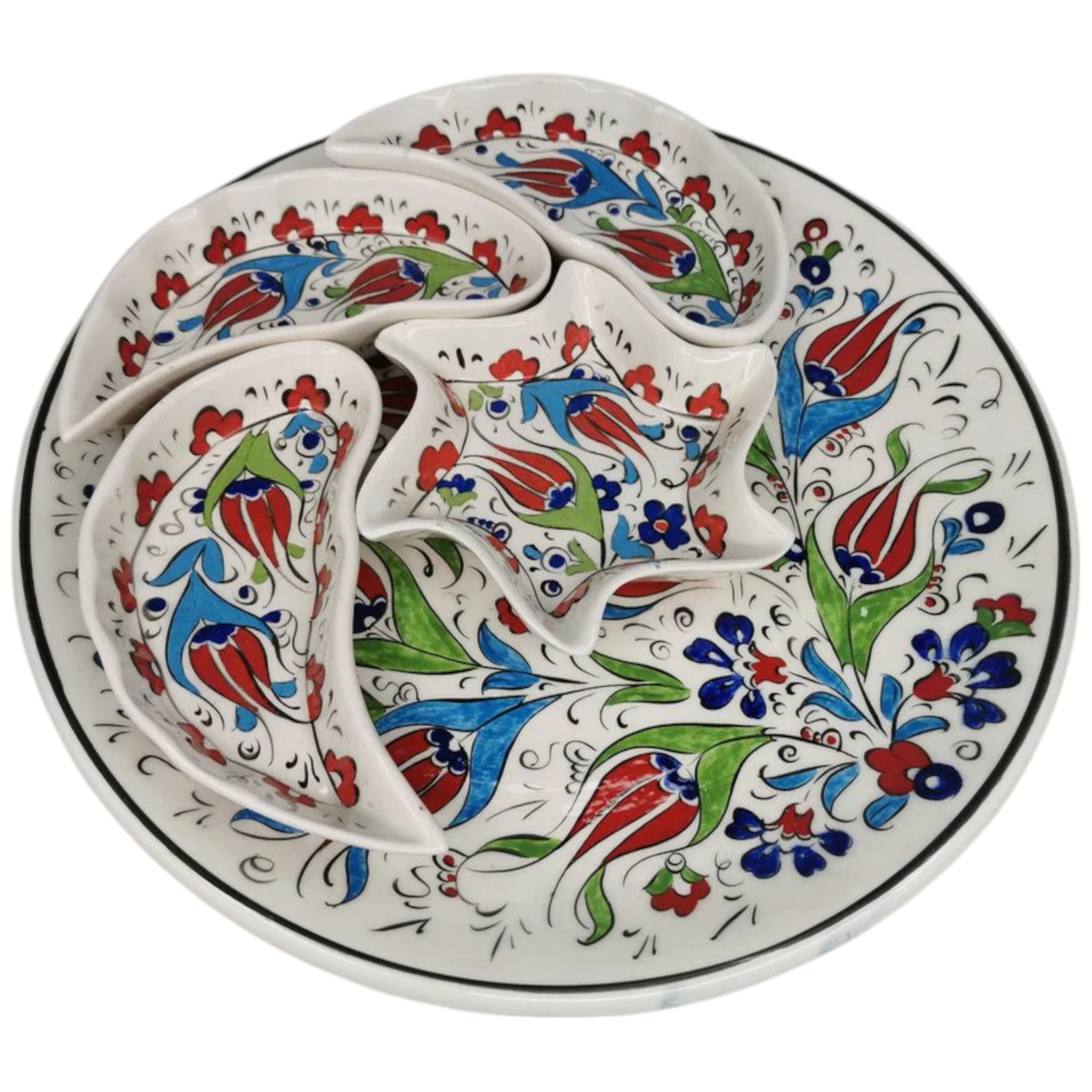 Handmade Multipurpose Ceramic Serving Platter and Dish Set - Chips, Snacks, Dips, Mezes, Breakfast & More | Zeem Ceramic - Red Tulips