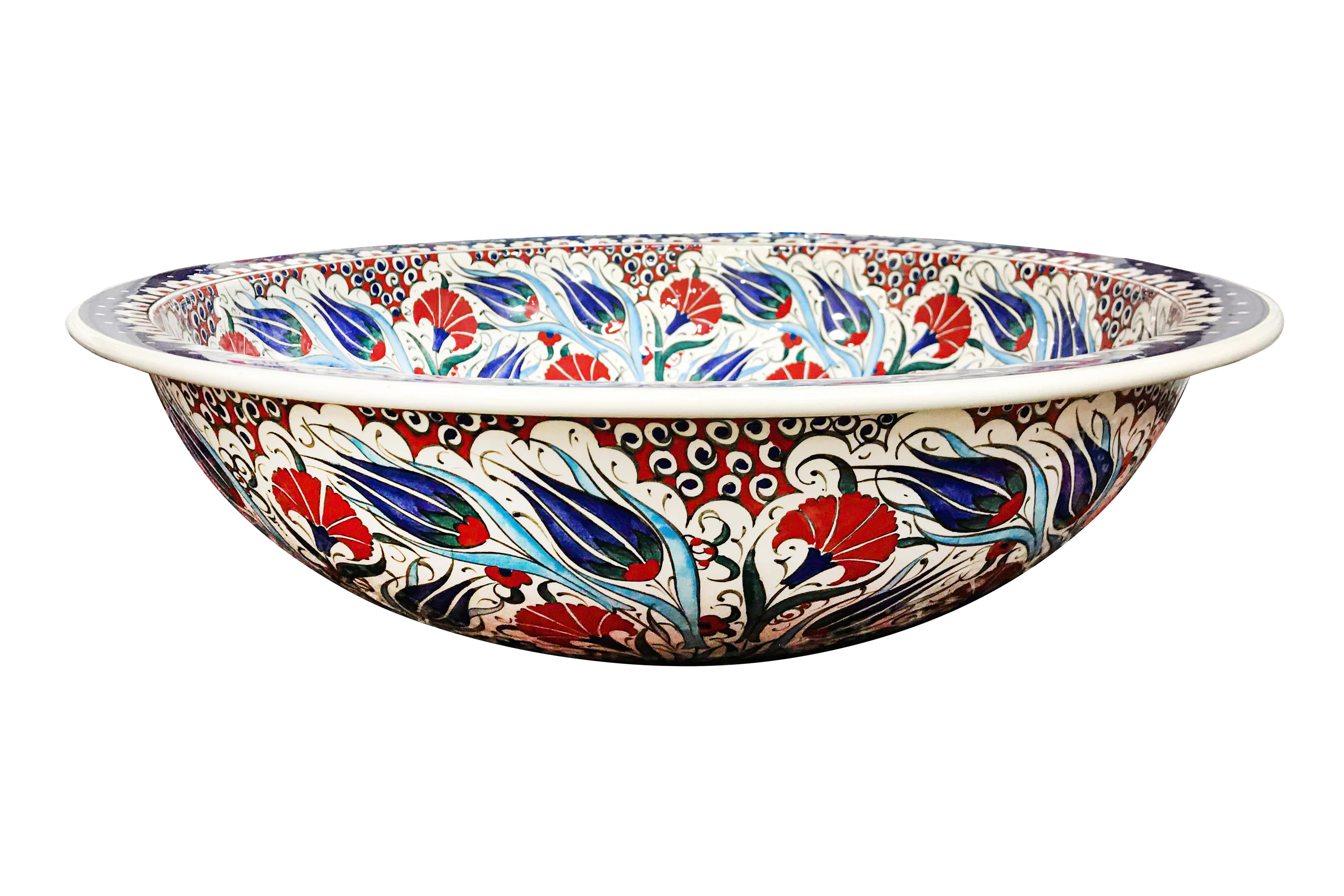 Hand Painted Bathroom Vanity Top Ceramic Vessel Sink - Red Carnation and Blue Tulip