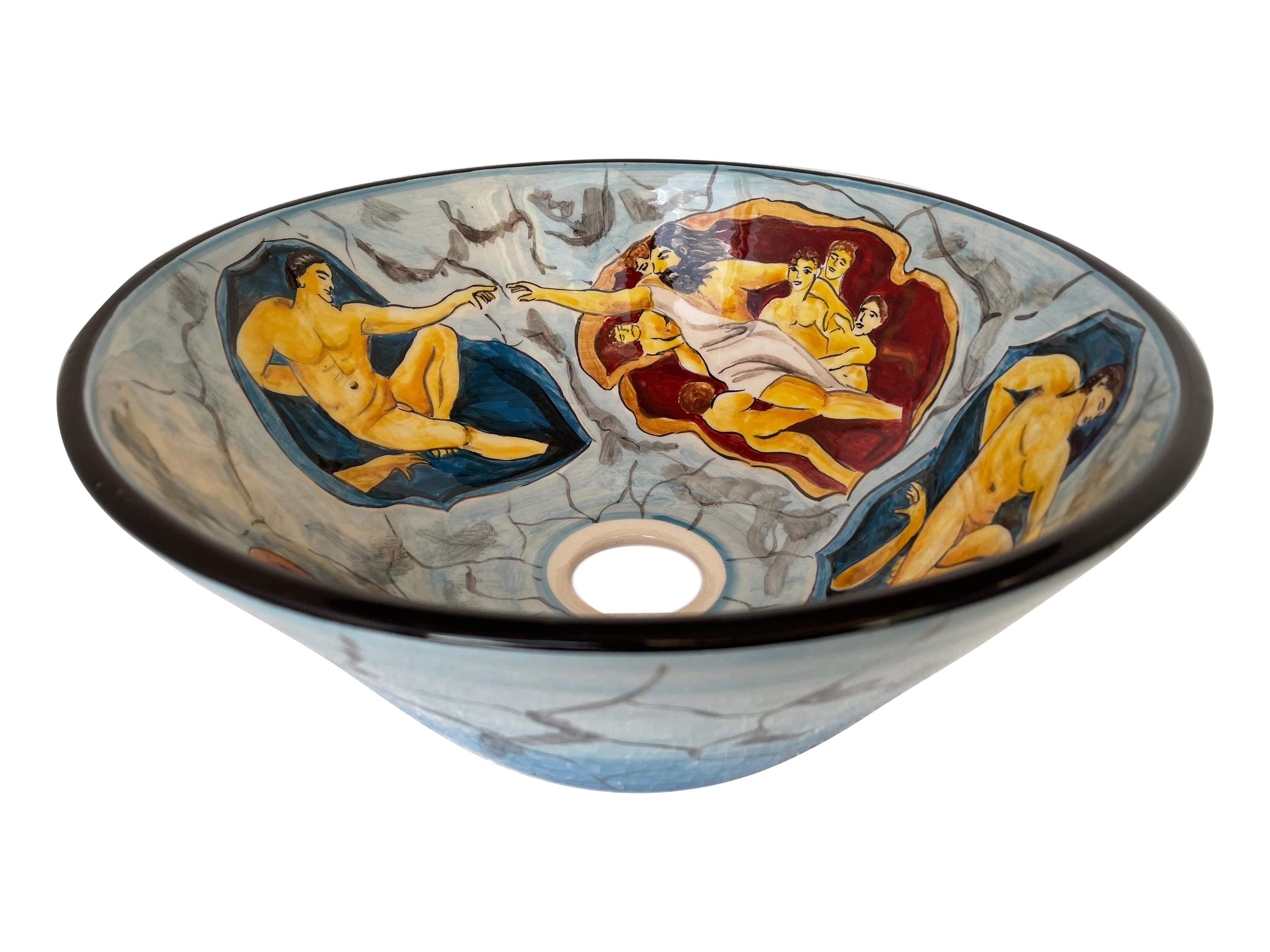 Hand Painted Bathroom Ceramic Vessel Sink Countertop - Michelangelo’s Creation of Adam