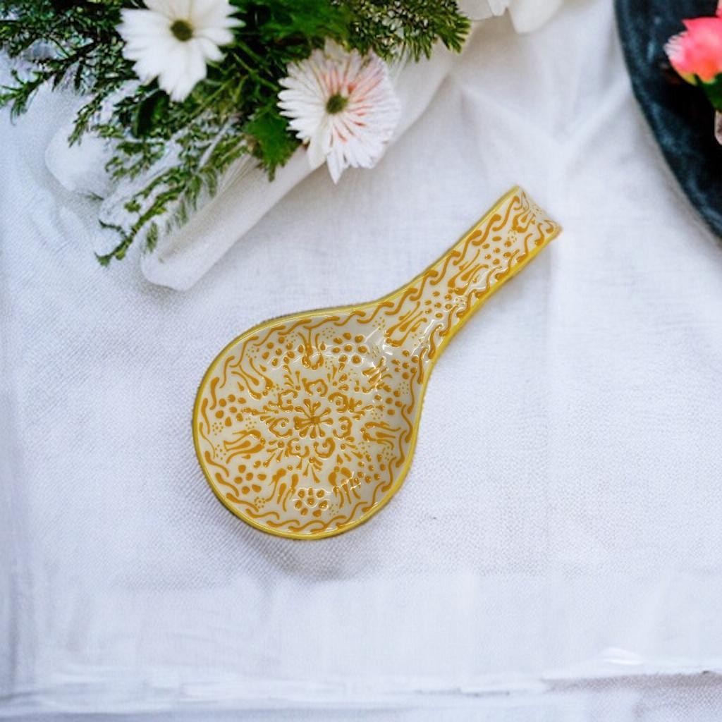 Hand Painted Ceramic Spoon Rest - Embossed Floral Patterns (Variety of Colors) - Oriental Yellow