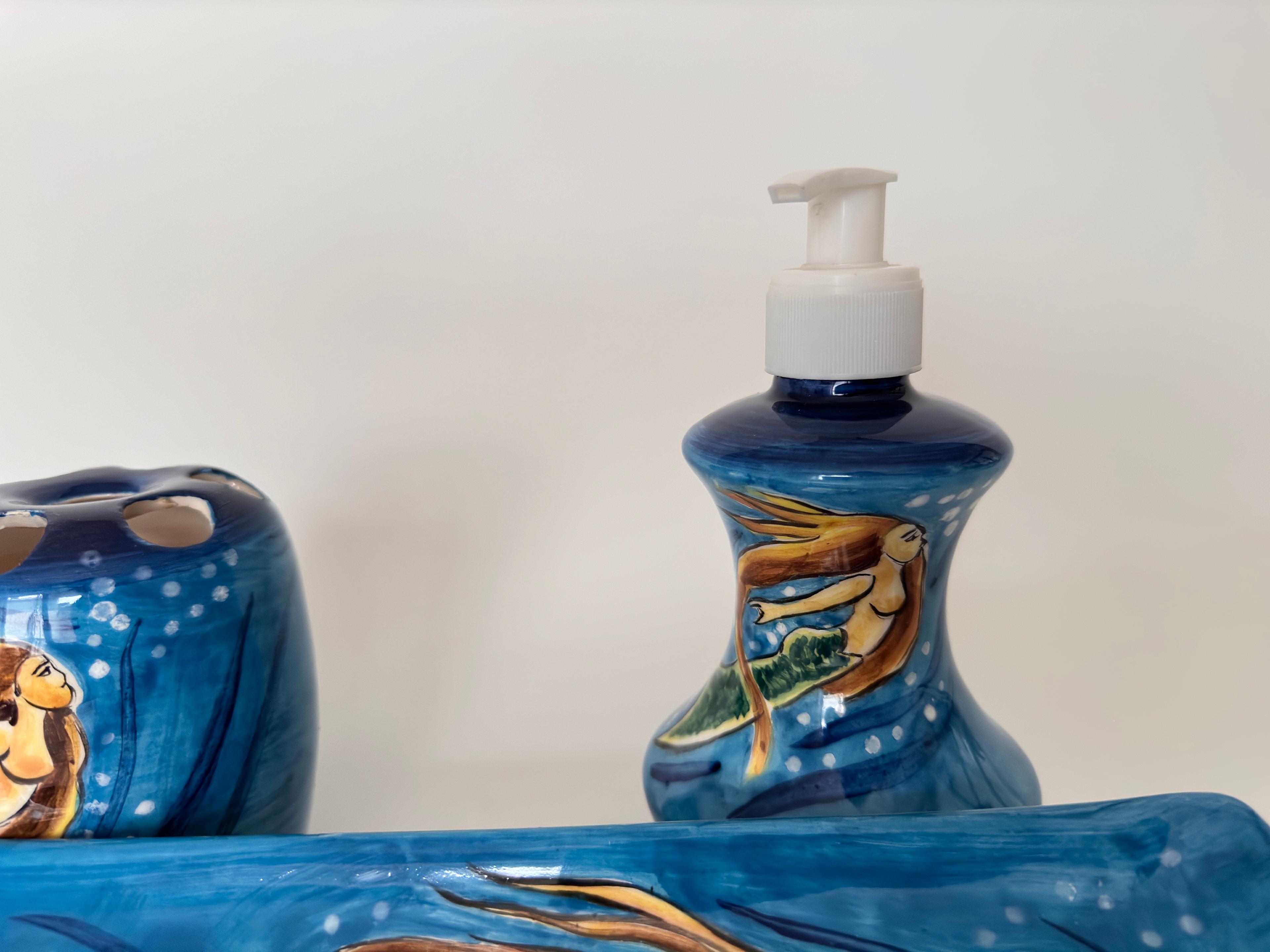 Hand Painted Ceramic Bathroom Accessory Set - Mermaid