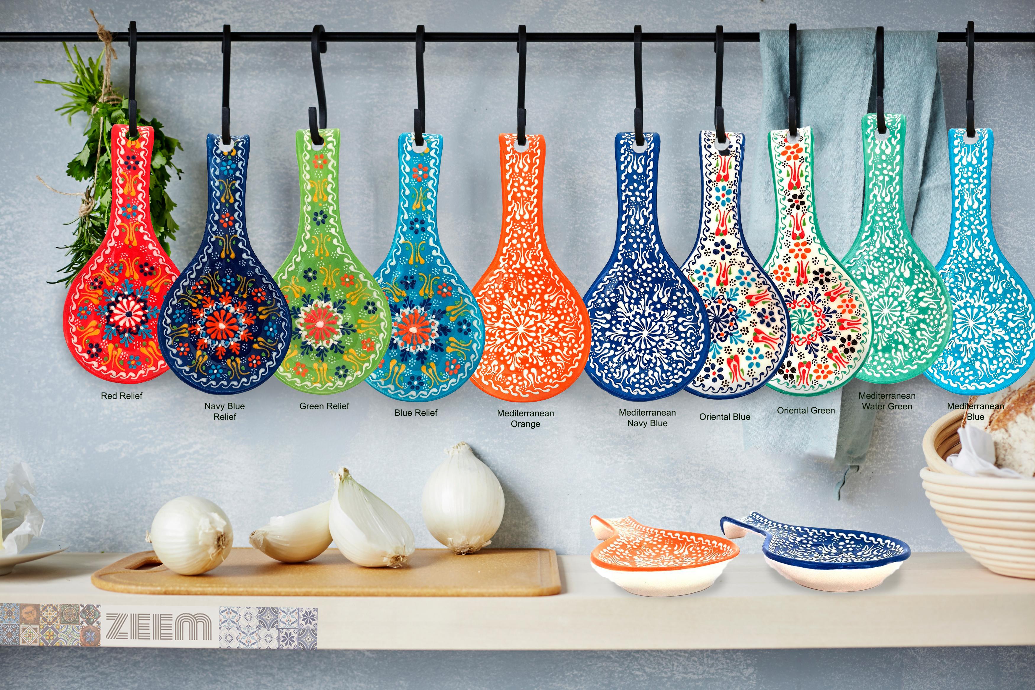 Hand Painted Ceramic Spoon Rest - Embossed Floral Patterns (Variety of Colors) - Oriental Orange