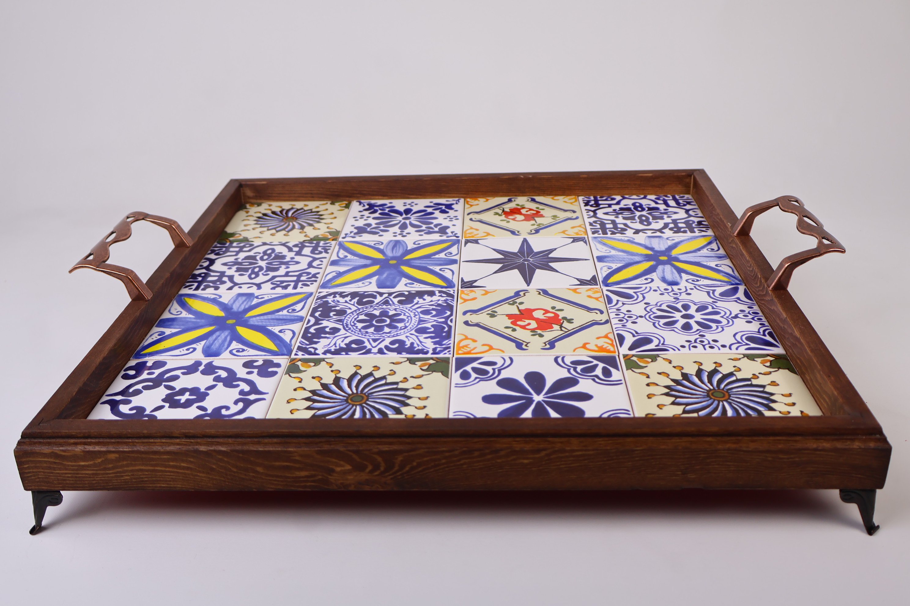 Rustic Wooden Serving Tray with Handles | Handcrafted Mexican & Turkish Tile Design