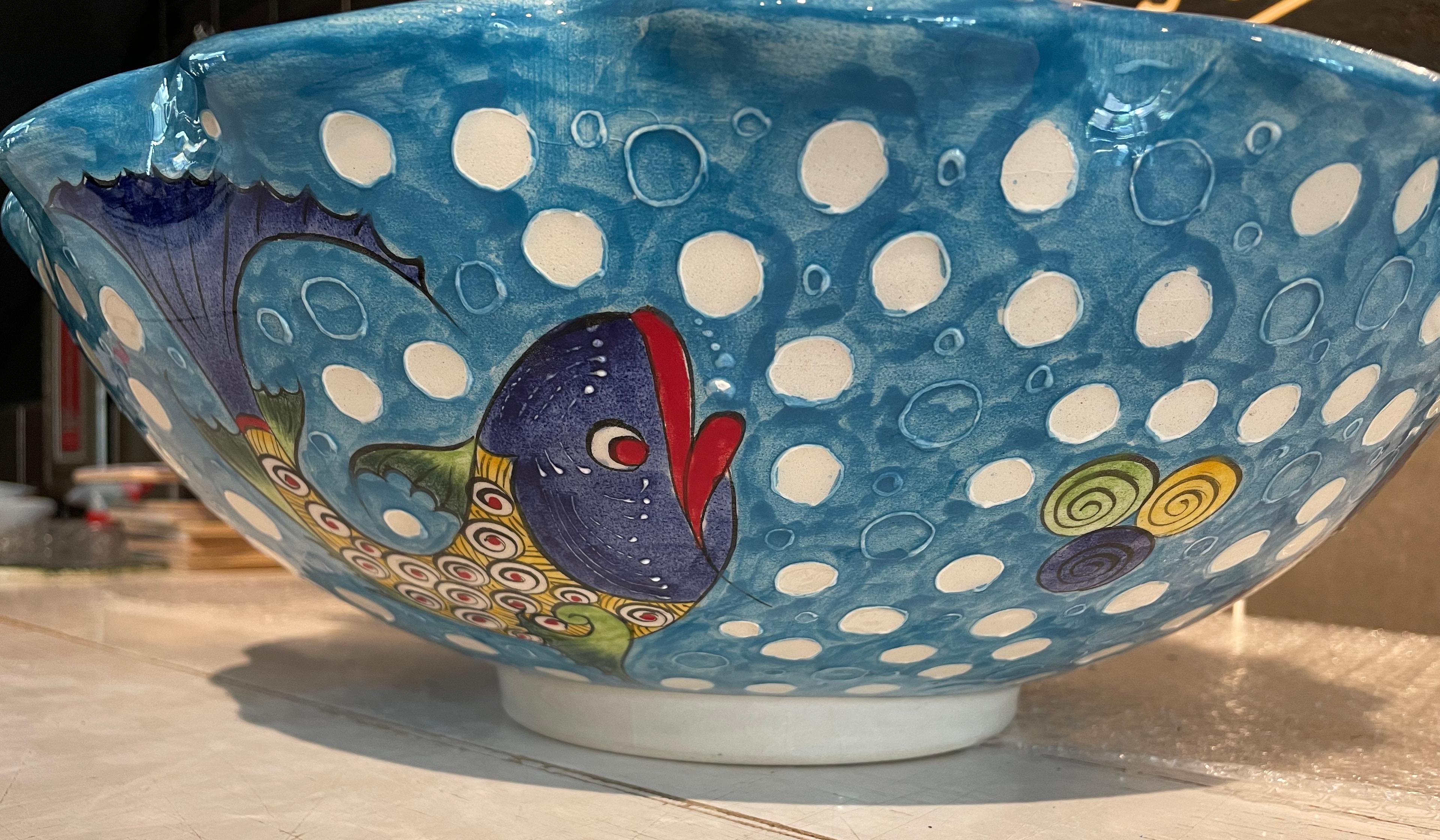 Hand Painted Bathroom Vanity Top Ceramic Vessel Sink - Fishes and White Dots