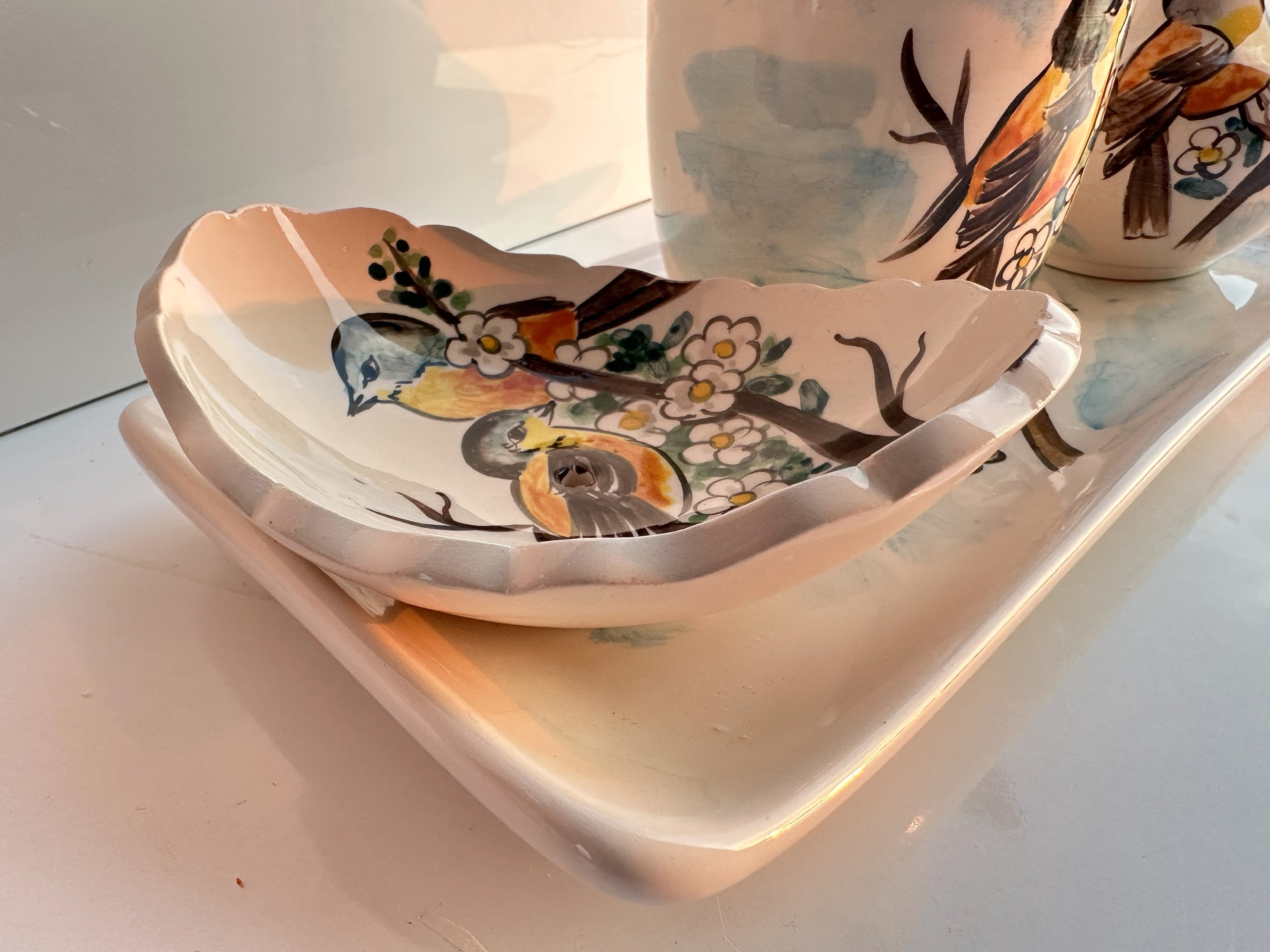 Hand Painted Ceramic Bathroom Accessory Set - Birds