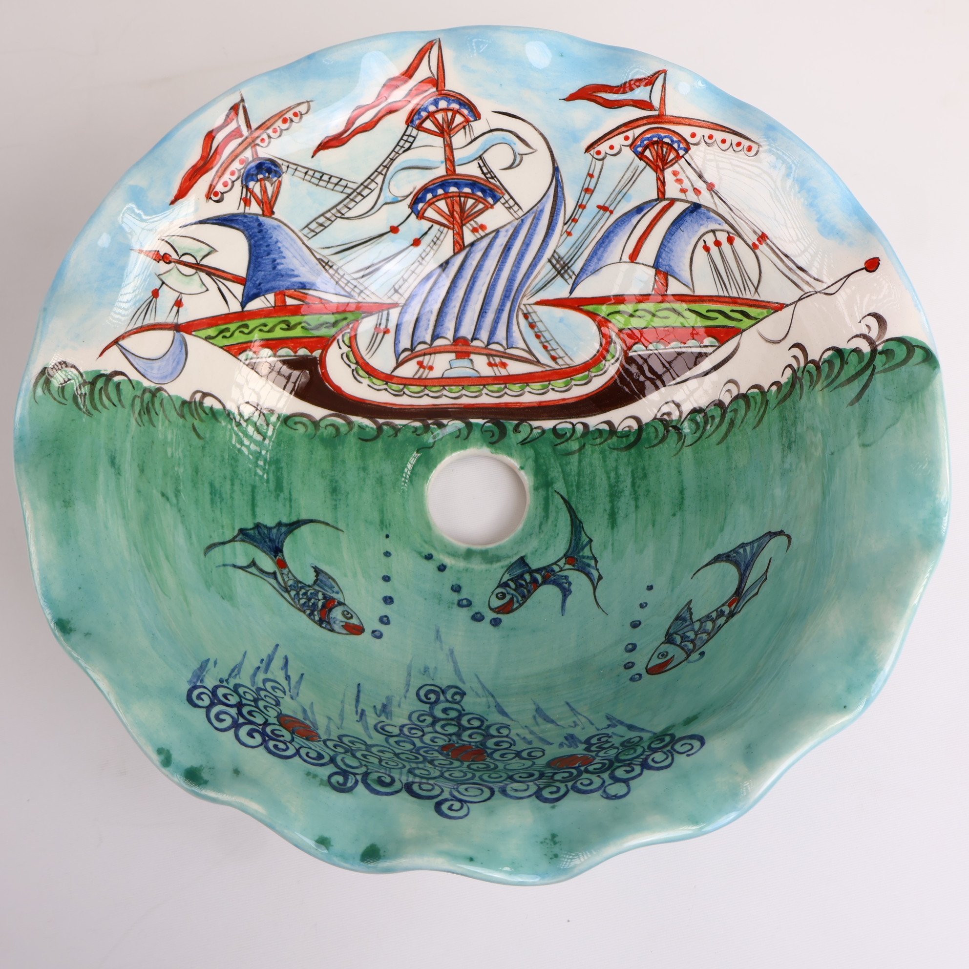 Hand-Painted Nautical Ceramic Sink - Turkish Ceramic Bowl Sink | Iznik-Inspired Bathroom Sink for Remodeling with Maritime Decor