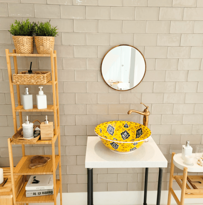 Hand Painted Bathroom Vanity Top Ceramic Vessel Sink - Blue Floral Design on Yellow Zem