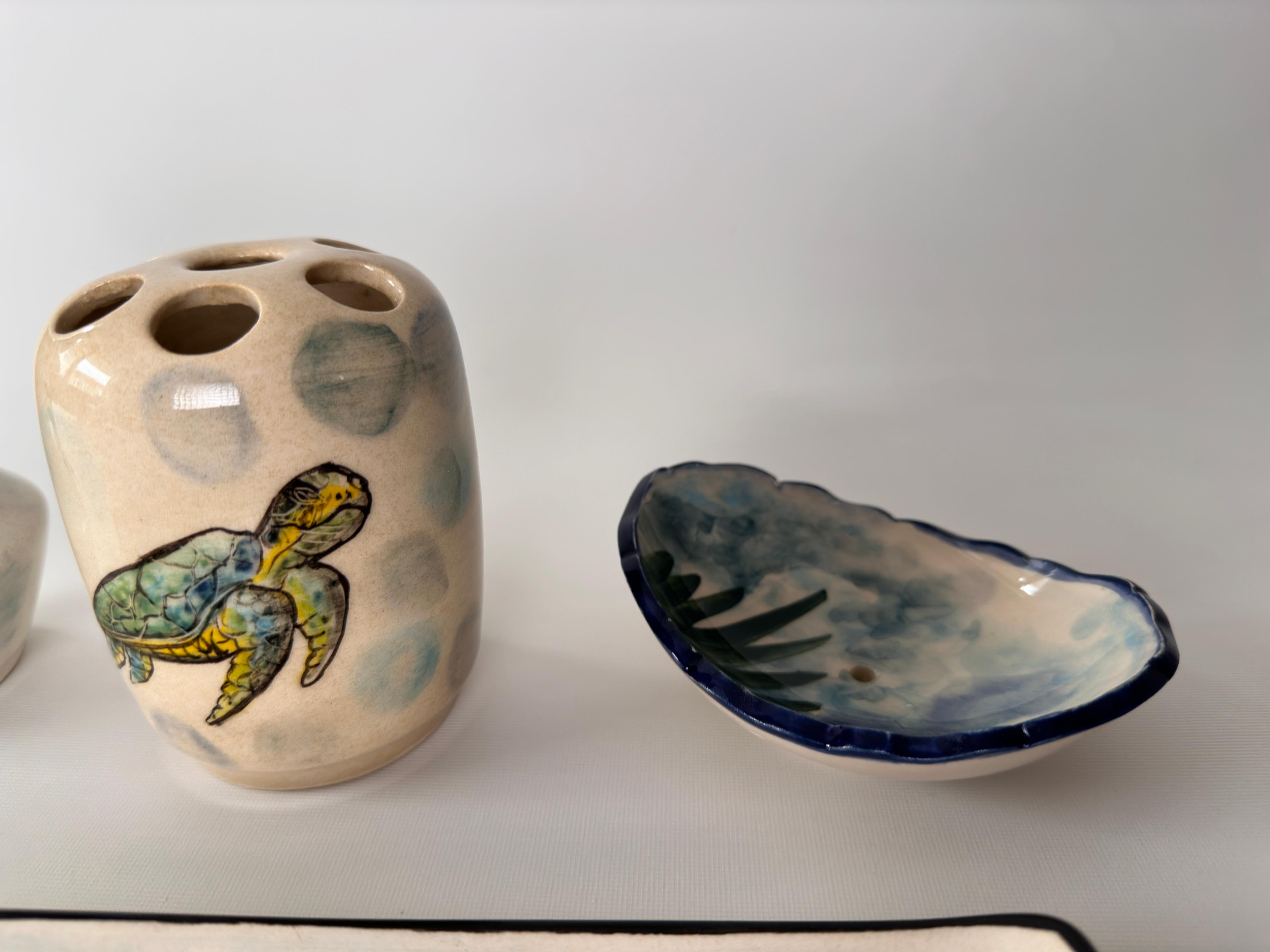 Hand Painted Ceramic Bathroom Accessory Set - Sea Turtle