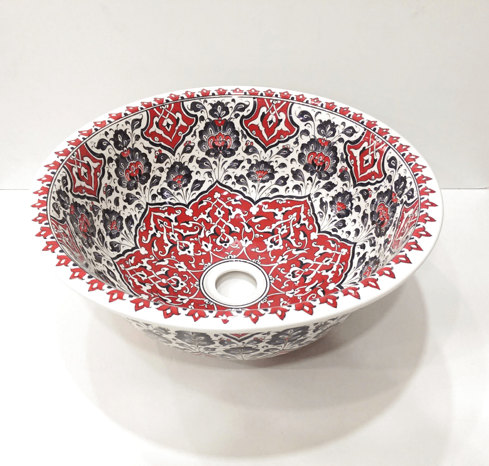 Hand Painted Bathroom Ceramic Vessel Sink Countertop - Red Rumi and Nazilli