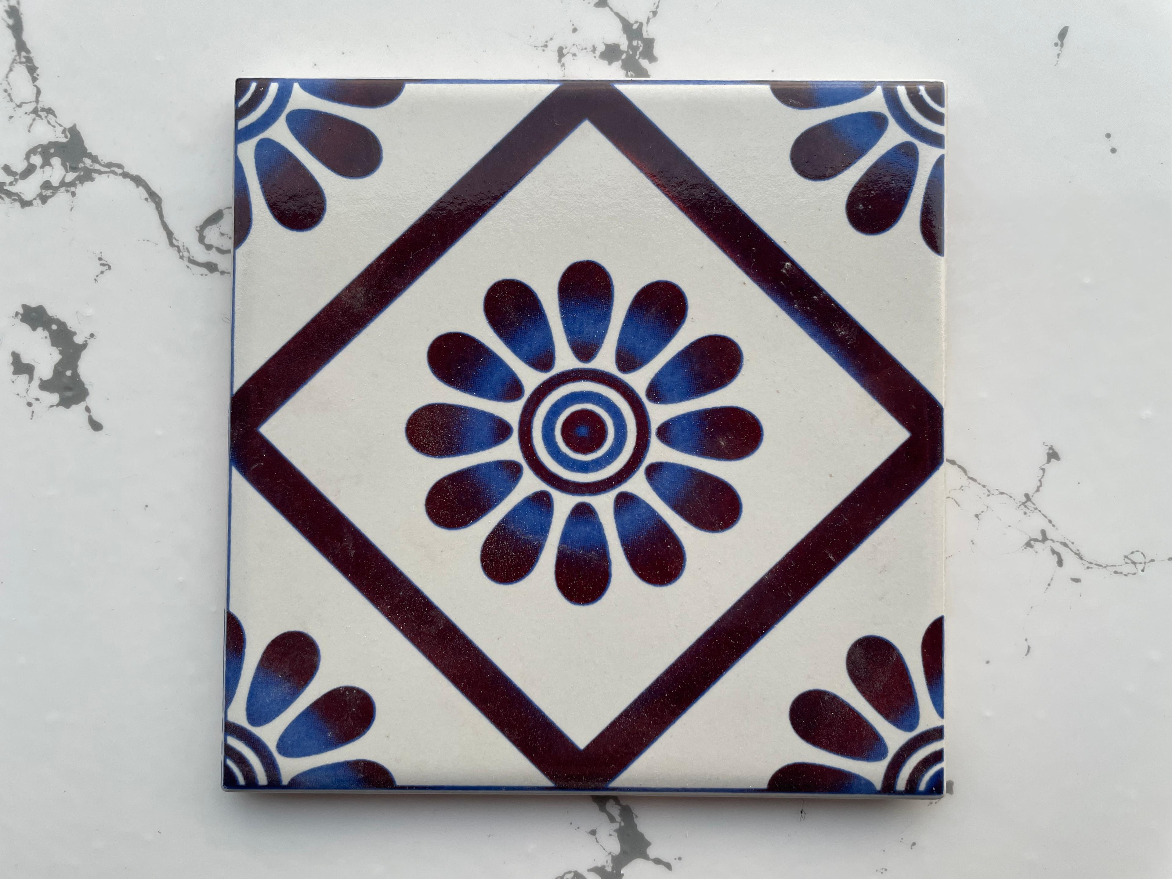 Turkish Backsplash Tile with Iznik Designs - Handcrafted Porcelain Tile for Bathroom Wall - 3.7in [10cm] 