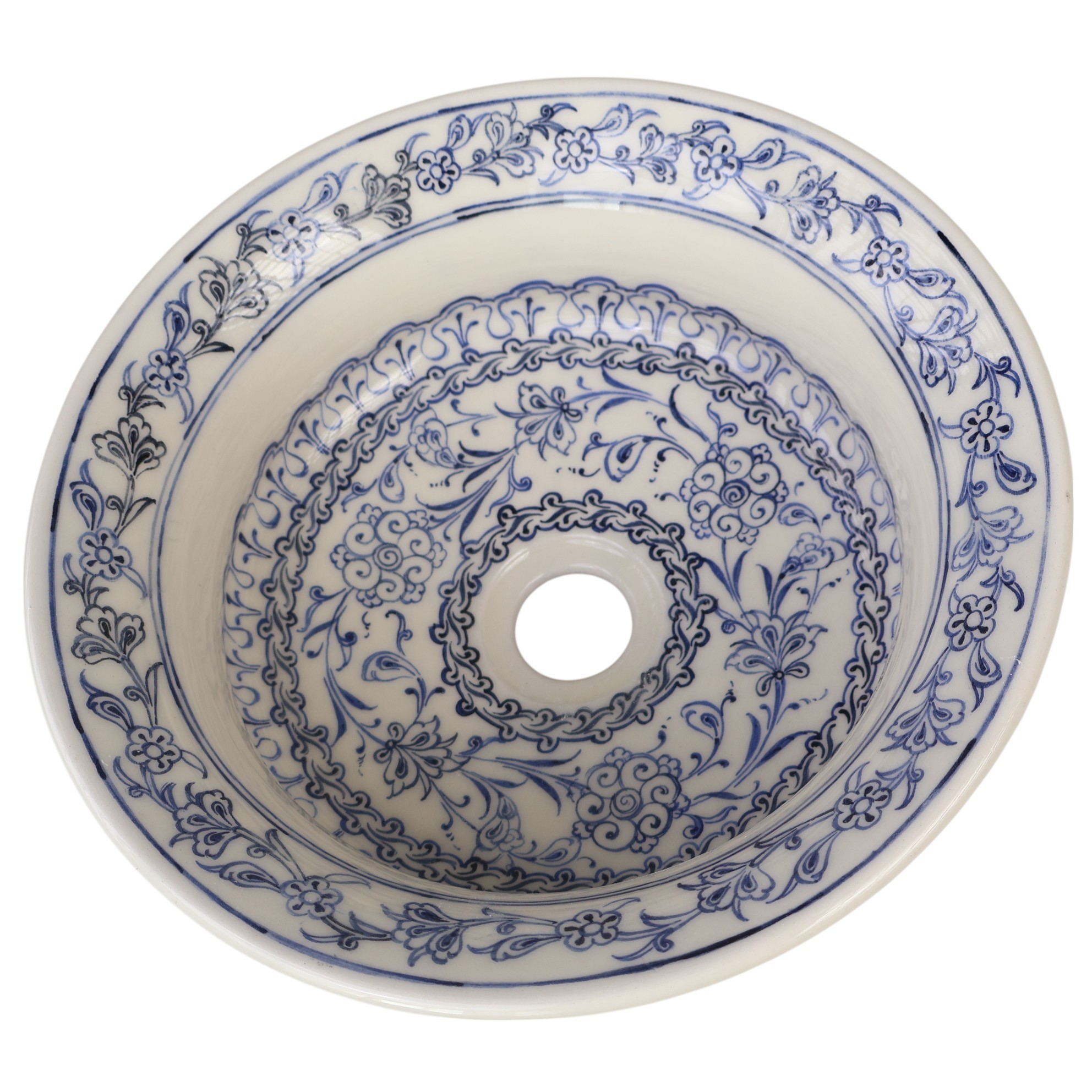 Ottoman-Inspired Floral Ceramic Sink – Handcrafted Blue & Ivory Bathroom Basin – Zeem Ceramic