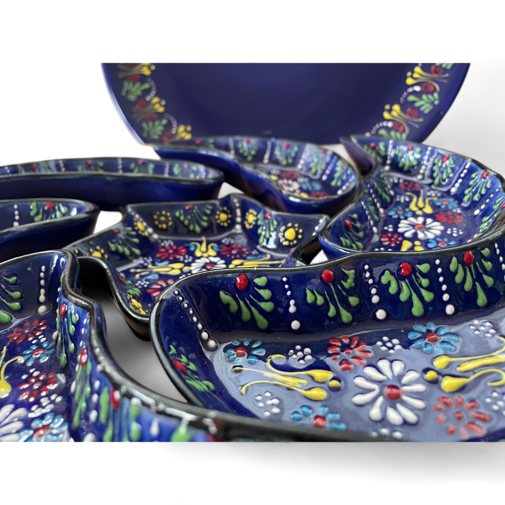 Handcrafted Snack, Nuts Serving Platter and Crudite Dish Set - Raised Relief Pattern - Navy Blue