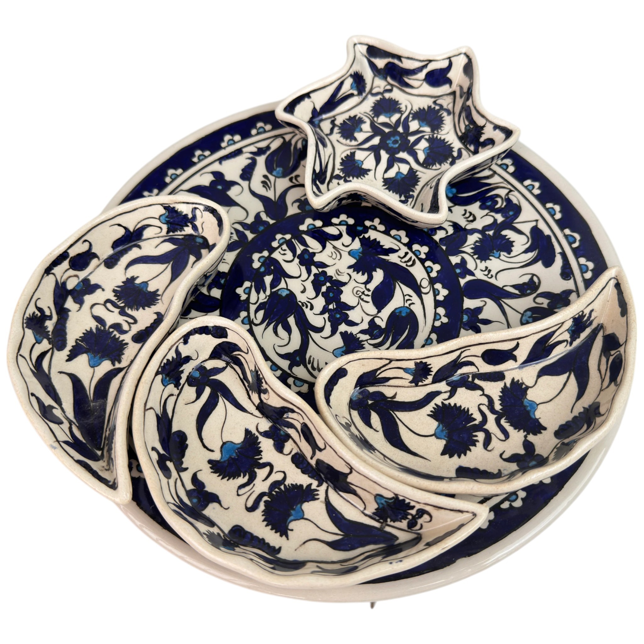 Handmade Multipurpose Ceramic Serving Platter and Dish Set - Chips, Snacks, Dips, Mezes, Breakfast & More | Zeem Ceramic - Navy Blue Carnation Circle