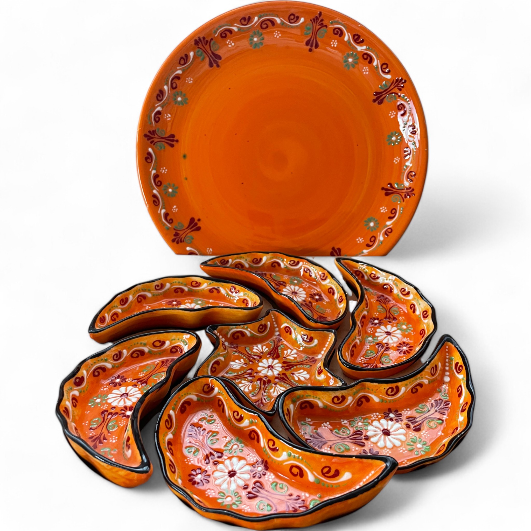 Handcrafted Snack, Nuts Serving Platter and Crudite Dish Set - Raised Relief Pattern - Orange