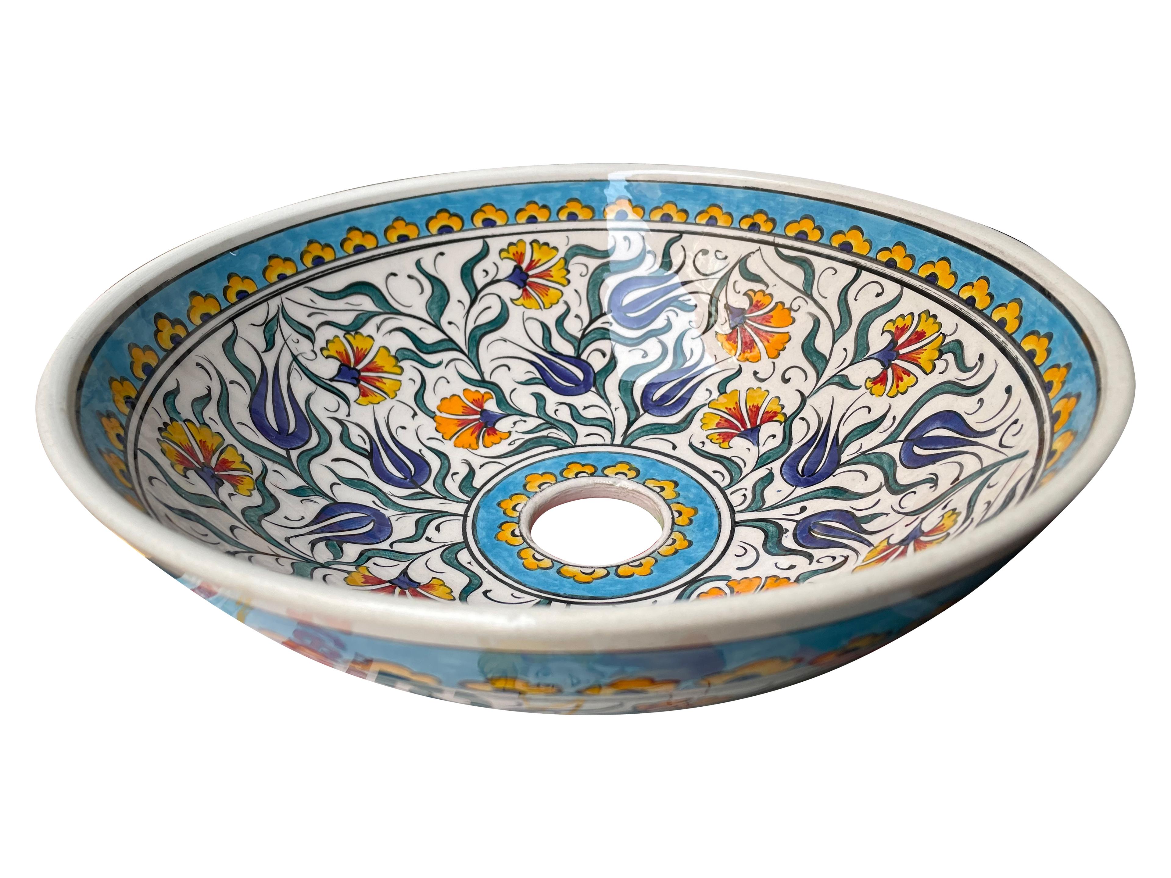 Hand Painted Bathroom Ceramic Vessel Sink Countertop - Multicolor Flowers