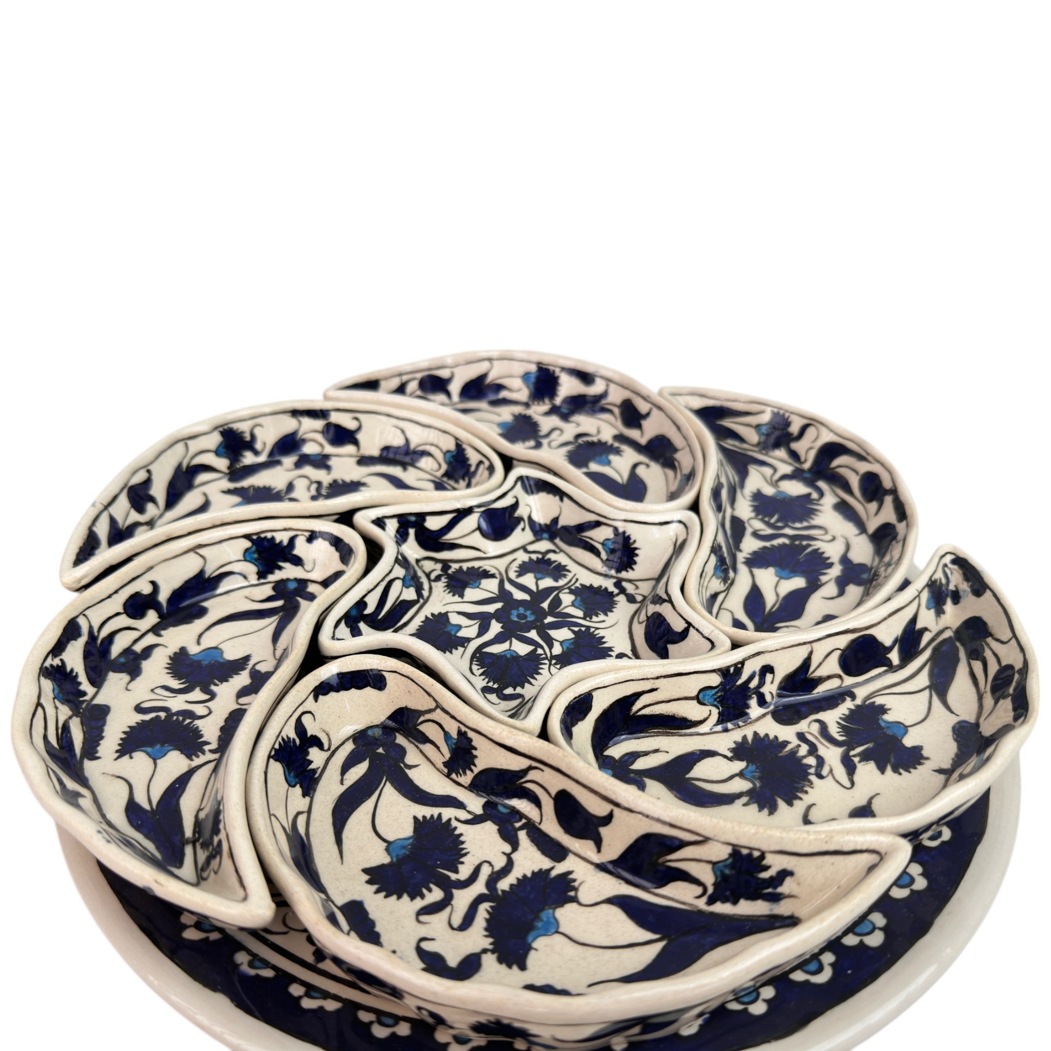 Handmade Multipurpose Ceramic Serving Platter and Dish Set - Chips, Snacks, Dips, Mezes, Breakfast & More | Zeem Ceramic - Navy Blue Carnation Circle