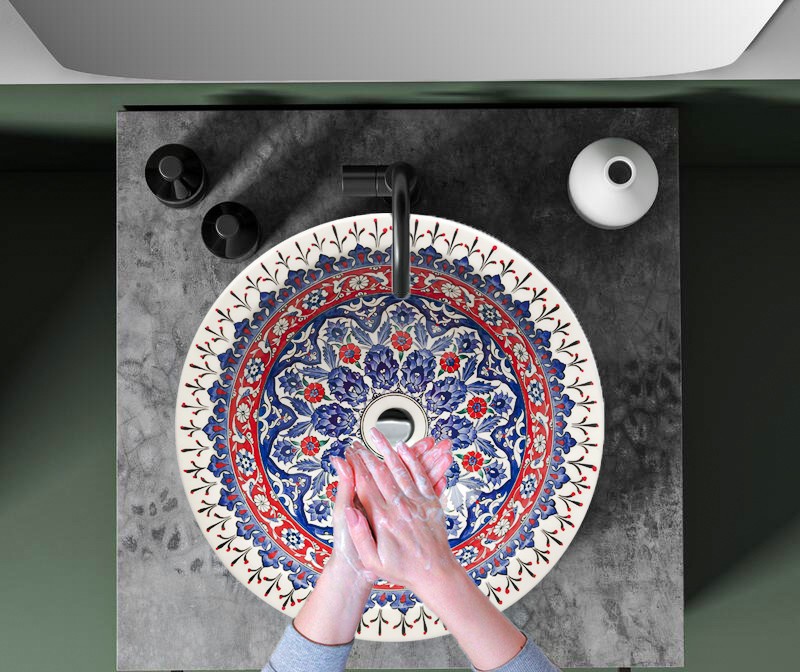 Hand Painted Bathroom Vanity Top Ceramic Vessel Sink | Drop-in Sink Basin with Multicolor Flowers Pattern - Bahtiyar