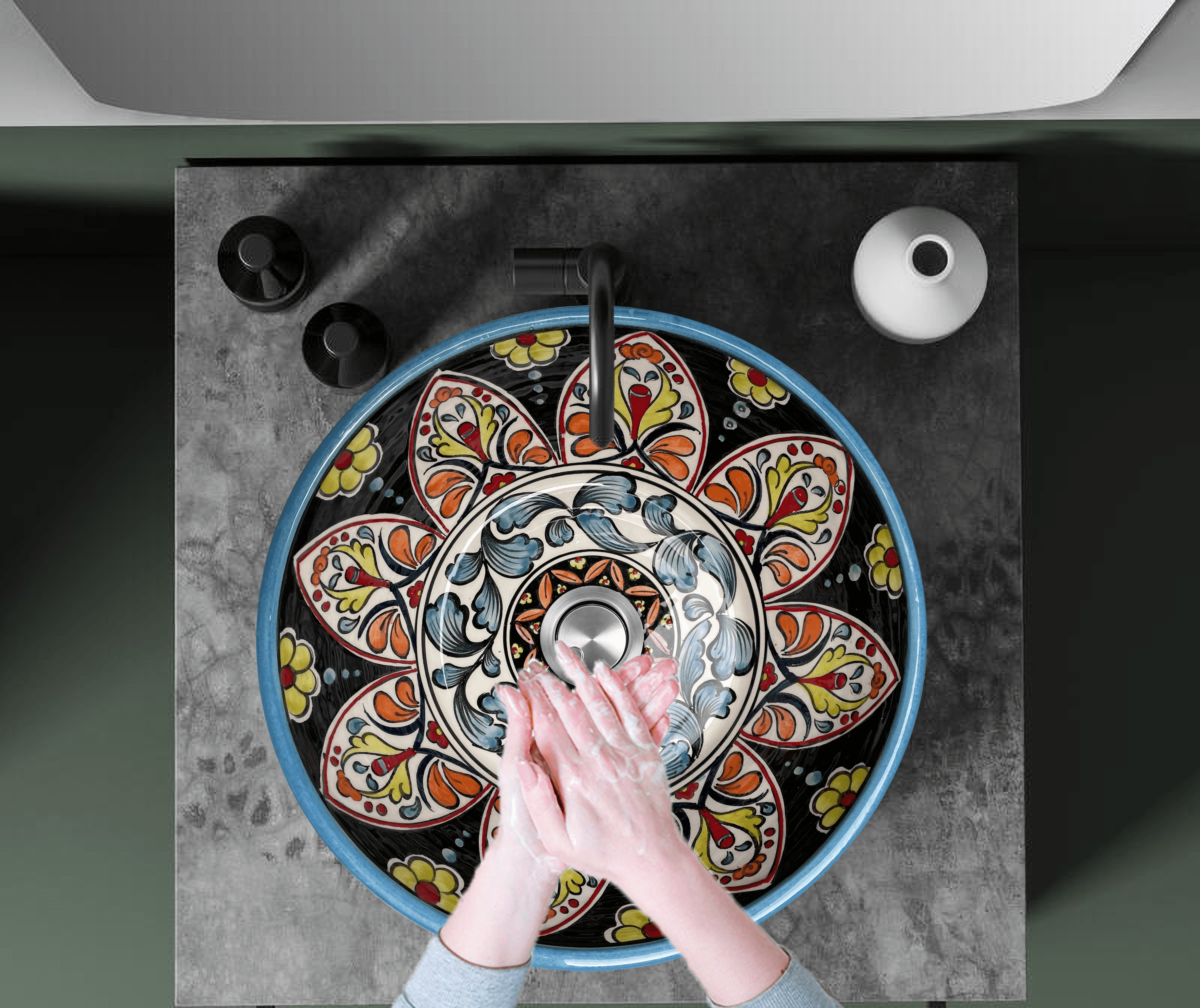 Hand Painted Bathroom Countertop Basin - Traditional Mexican Ceramic Sink