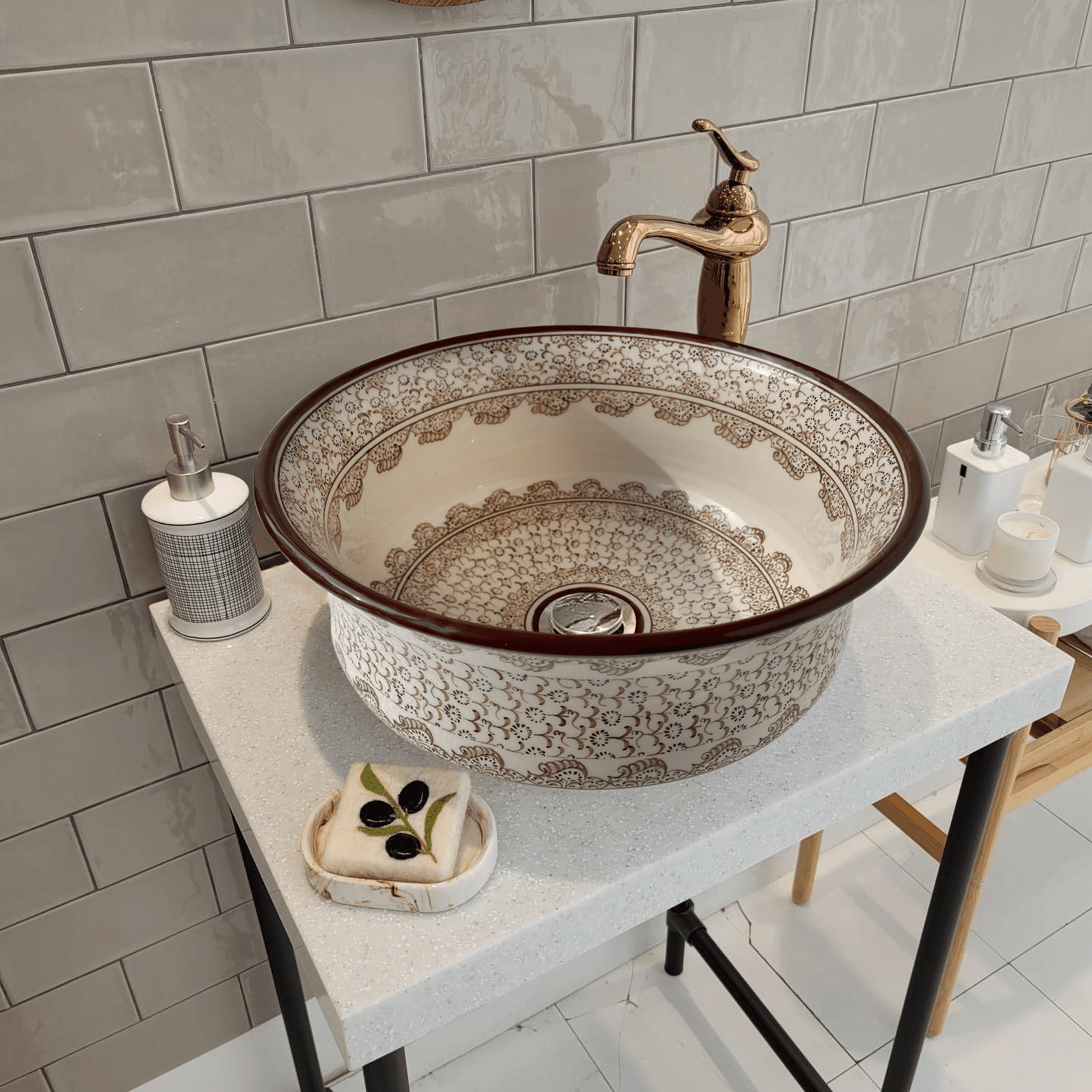 Hand Painted Bathroom Vanity Top Ceramic Vessel Sink - Brown Golden Horn