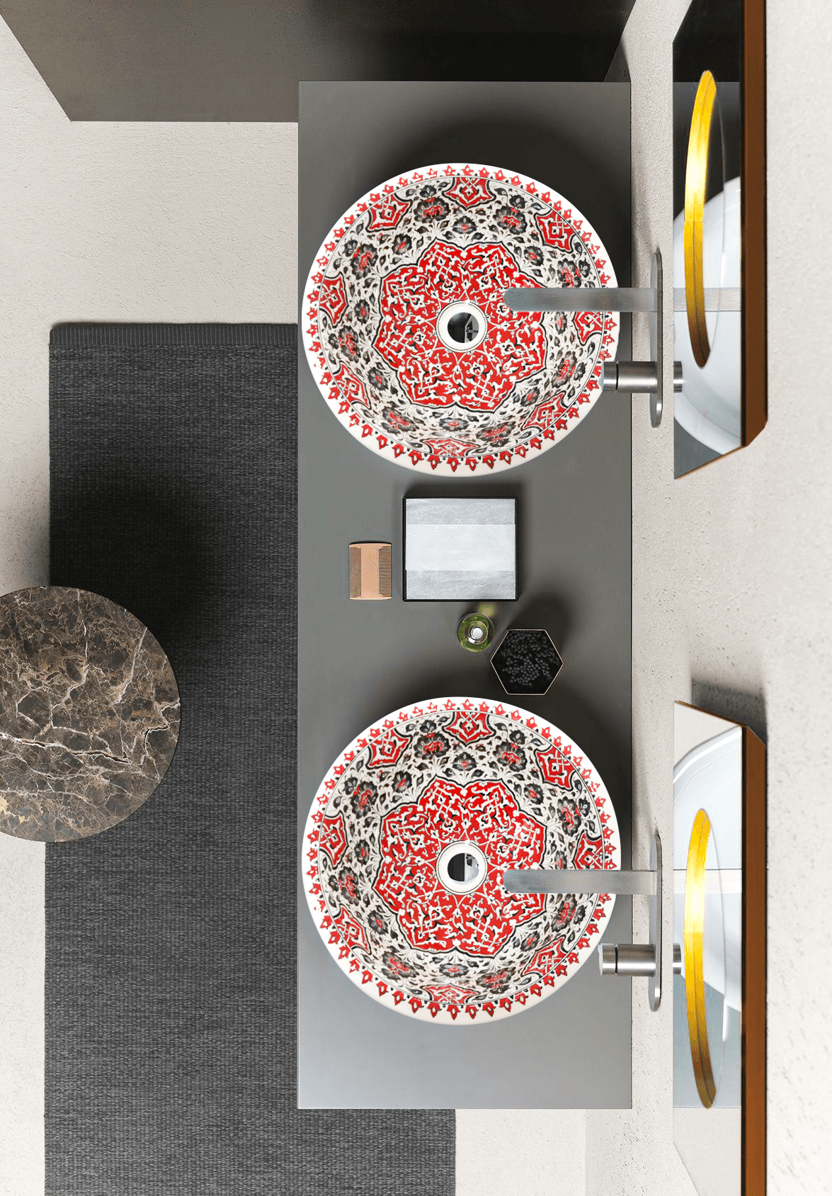 Hand Painted Bathroom Ceramic Vessel Sink Countertop - Red Rumi and Nazilli