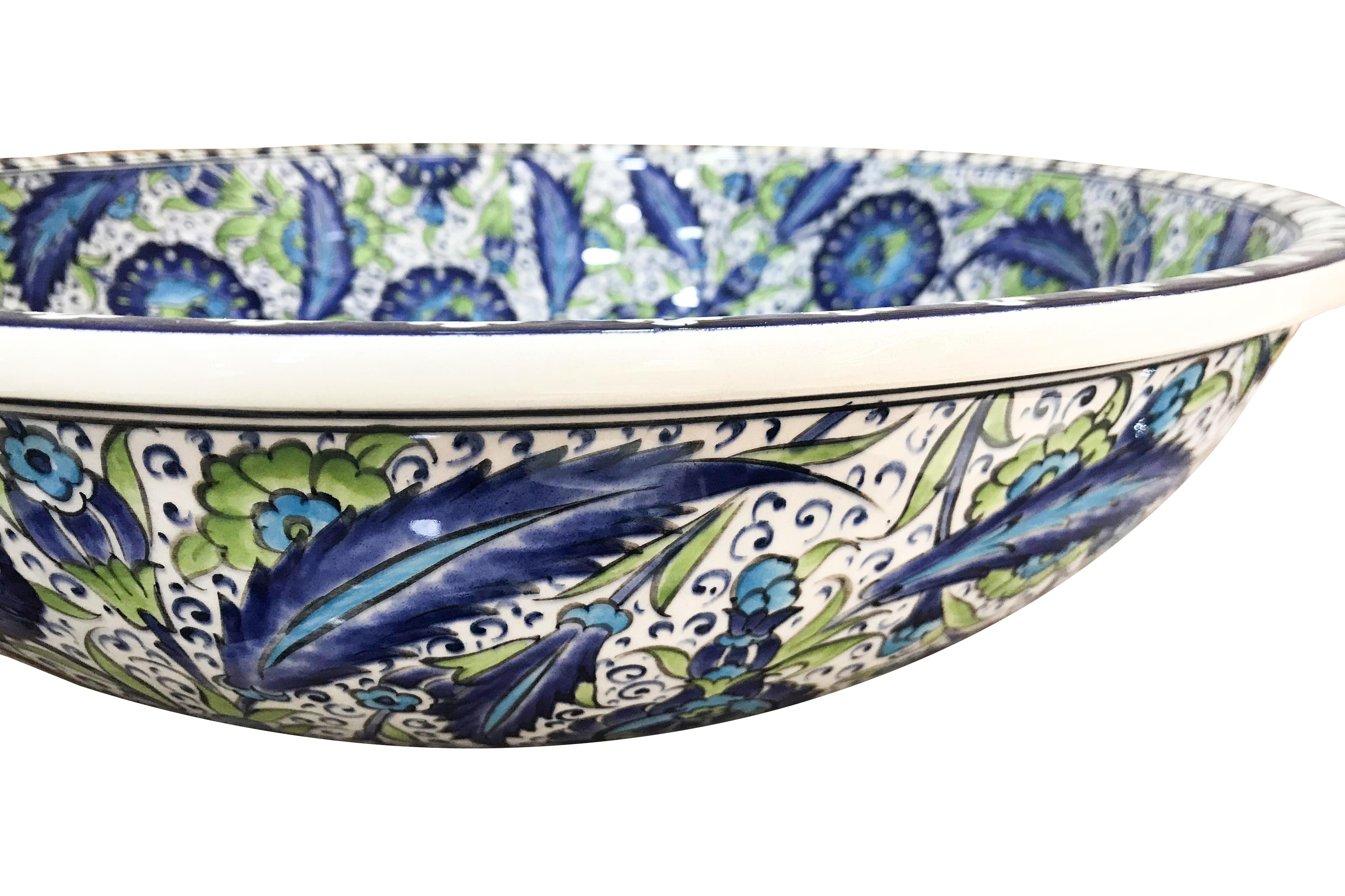 Hand Painted Bathroom Vanity Top Ceramic Vessel Sink - Blue Floral Pattern