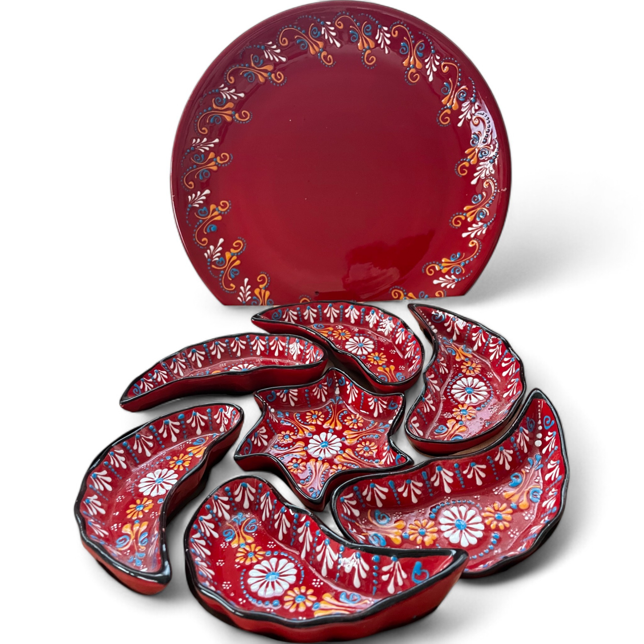 Handcrafted Snack, Nuts Serving Platter and Crudite Dish Set - Raised Relief Pattern - Red