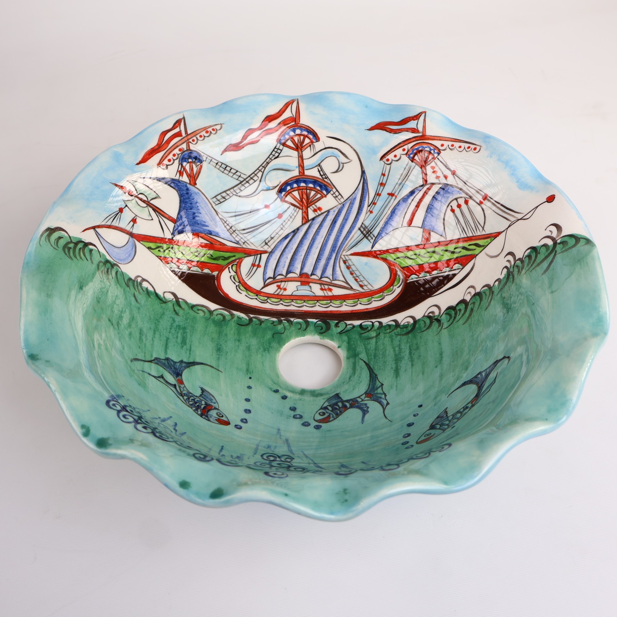 Hand-Painted Nautical Ceramic Sink - Turkish Ceramic Bowl Sink | Iznik-Inspired Bathroom Sink for Remodeling with Maritime Decor