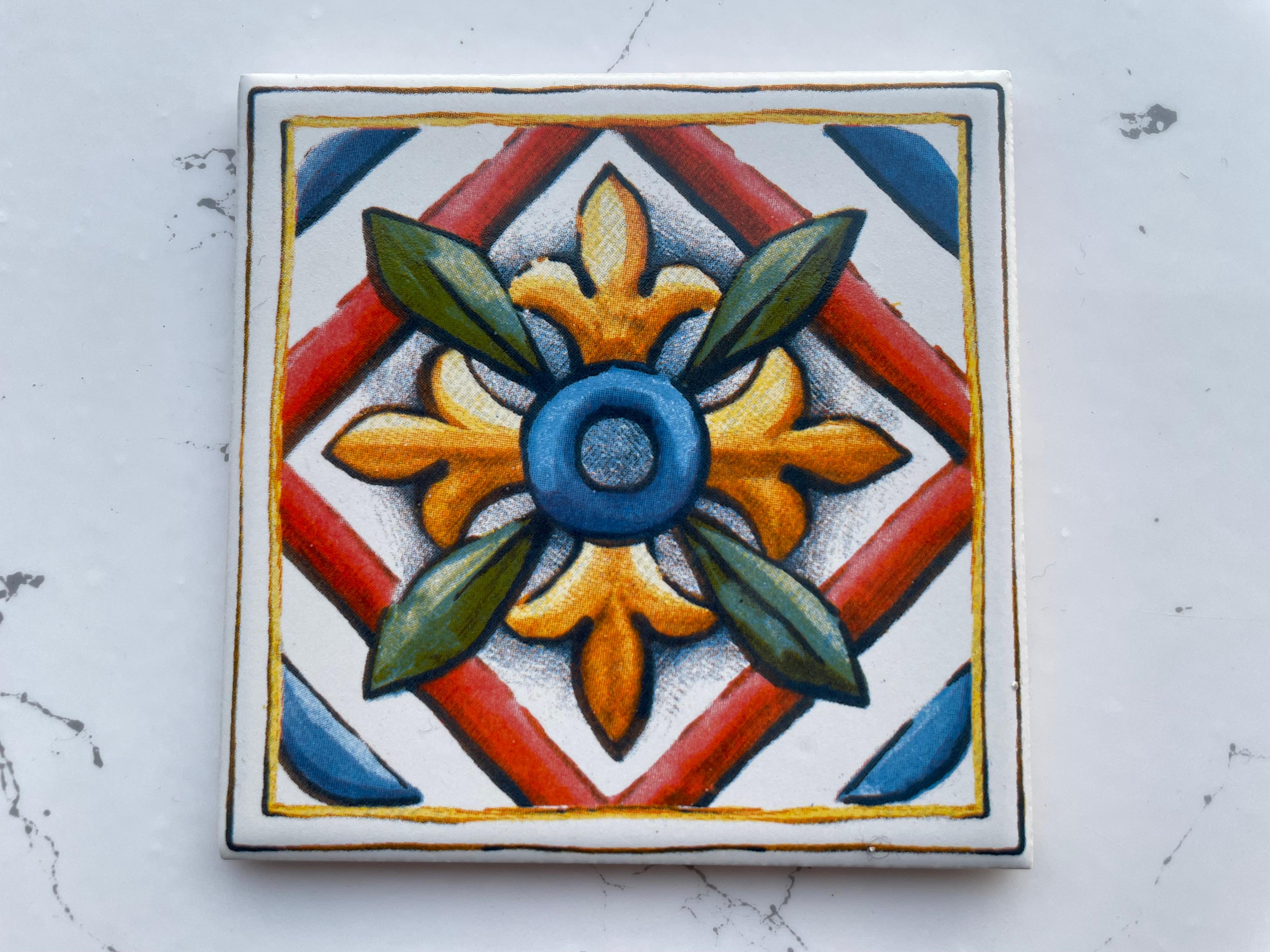 Screen-Printed Mexican Tile Designs - Handcrafted Backsplash 3.7" Tile with Traditional Pattern