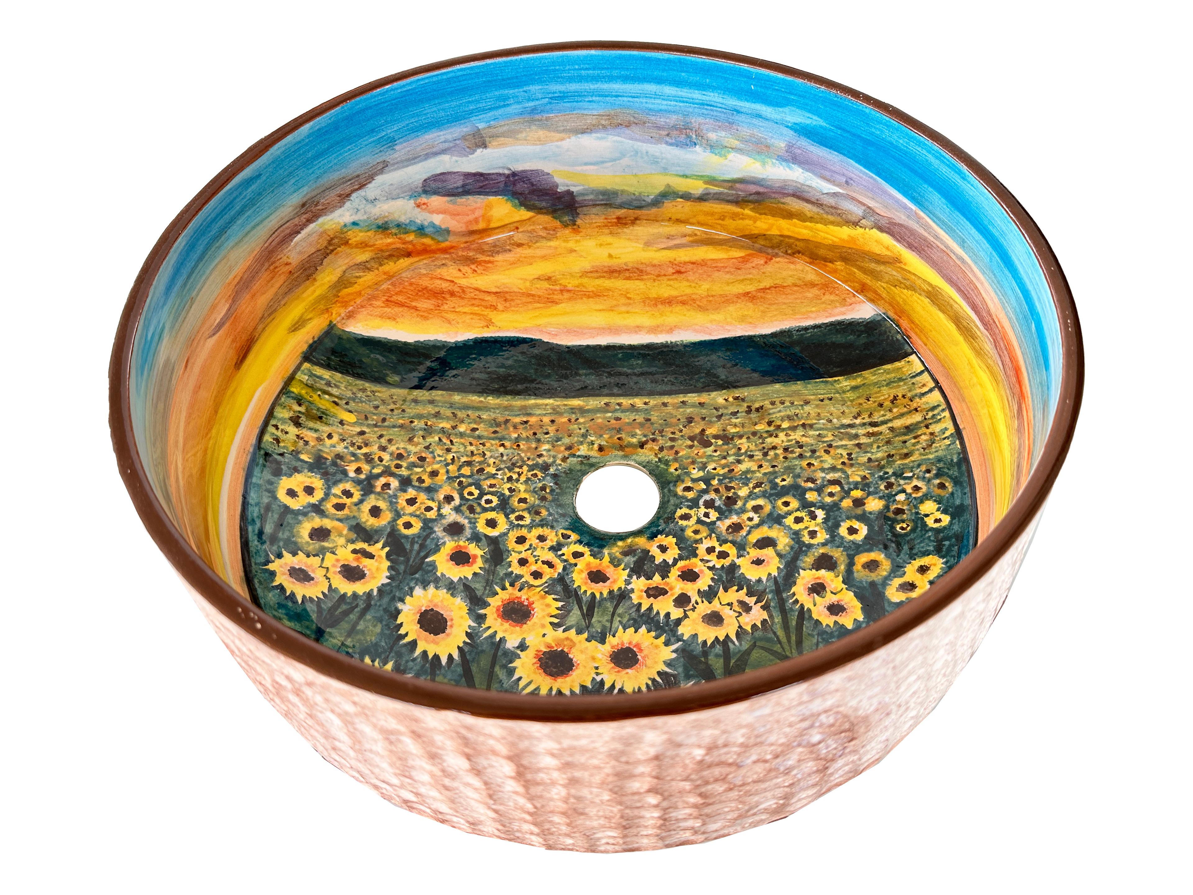 Handcrafted Bathroom Countertop Ceramic Vessel Basin - Sunflowers and Landscape