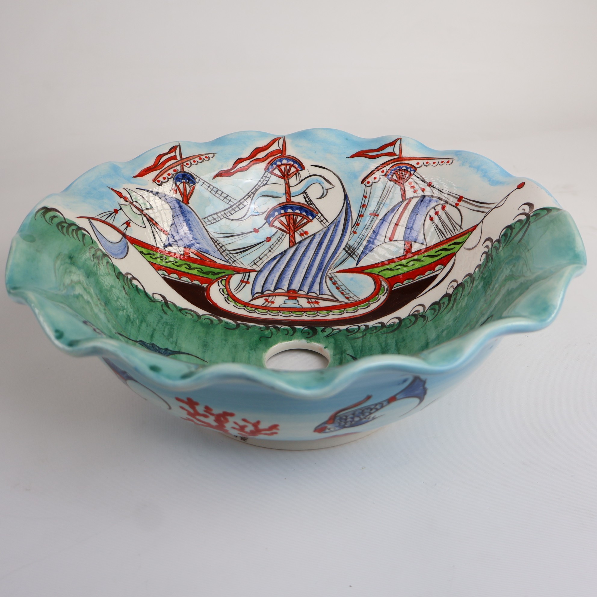 Hand-Painted Nautical Ceramic Sink - Turkish Ceramic Bowl Sink | Iznik-Inspired Bathroom Sink for Remodeling with Maritime Decor