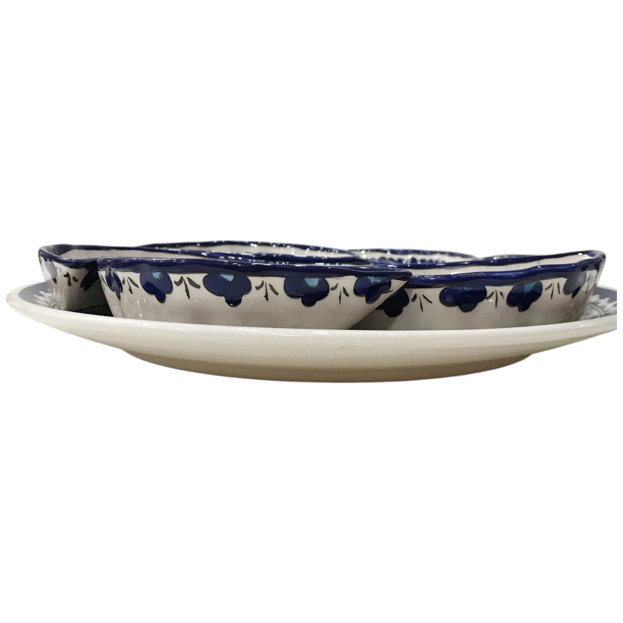 Handmade Multipurpose Ceramic Serving Platter and Dish Set - Chips, Snacks, Dips, Mezes, Breakfast & More | Zeem Ceramic - Navy Blue Lotus