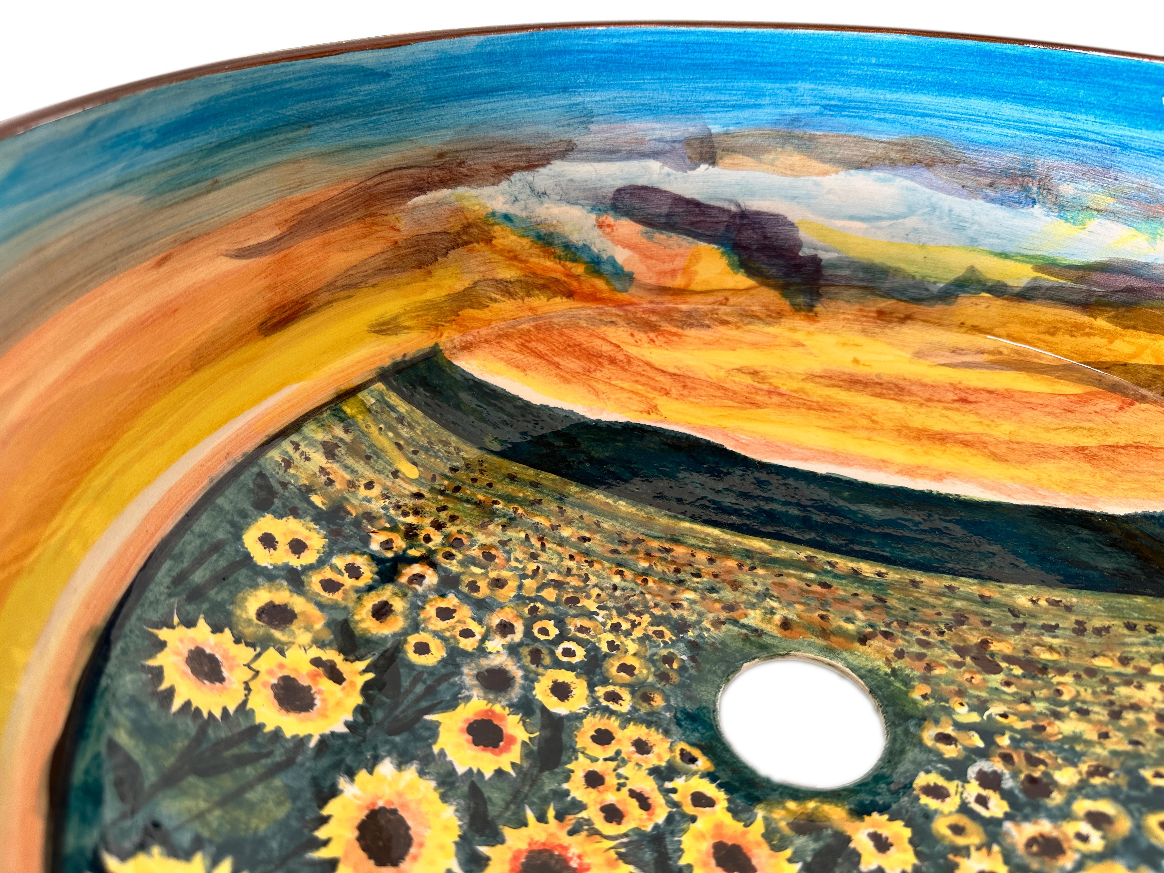 Handcrafted Bathroom Countertop Ceramic Vessel Basin - Sunflowers and Landscape