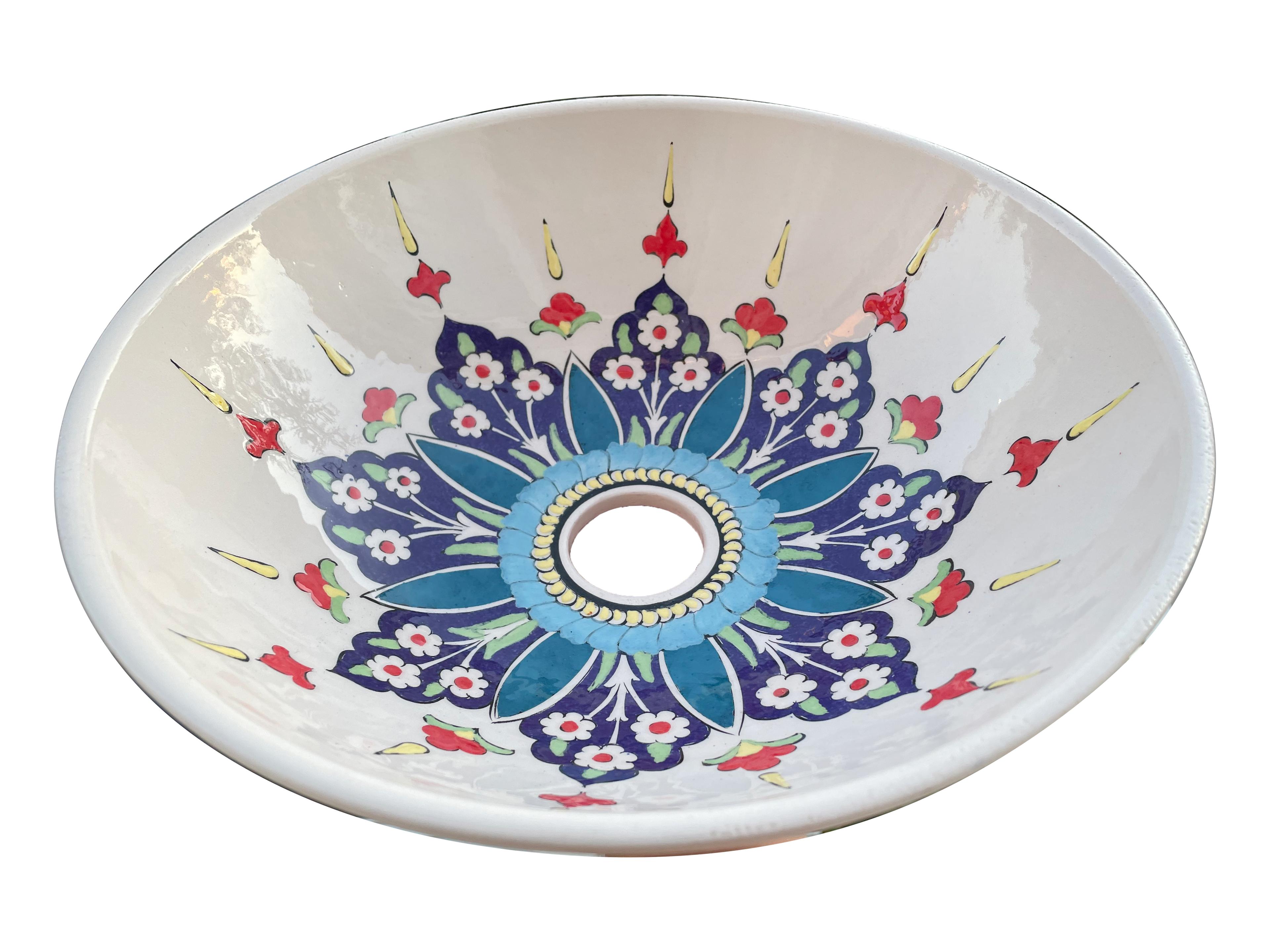 Hand Painted Bathroom Ceramic Vessel Sink Countertop - Central Flower