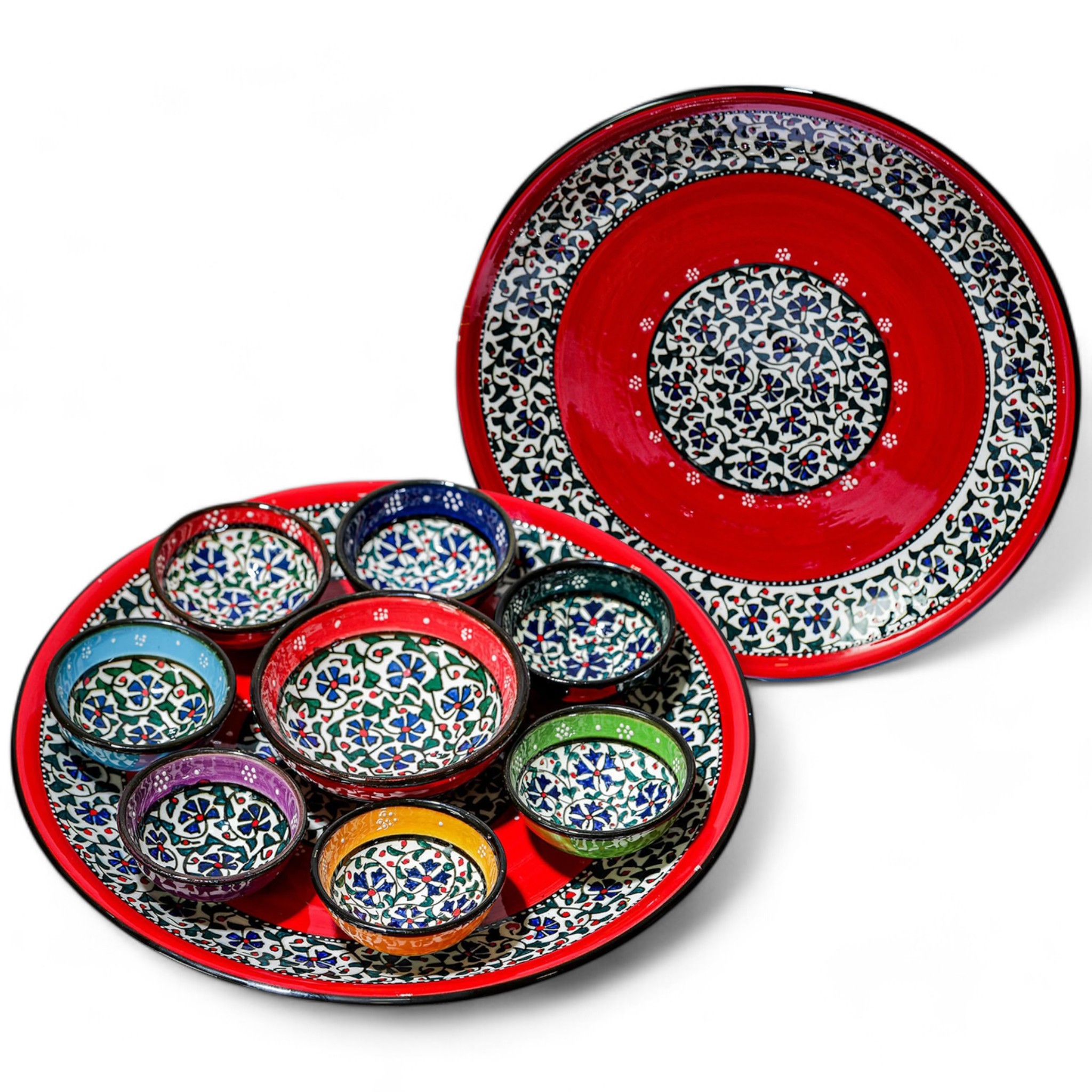 Turkish Handmade Ceramic Snack Serving Floral Platter with Bowls | Nuts, Mezzes Serve - Zeem Ceramic