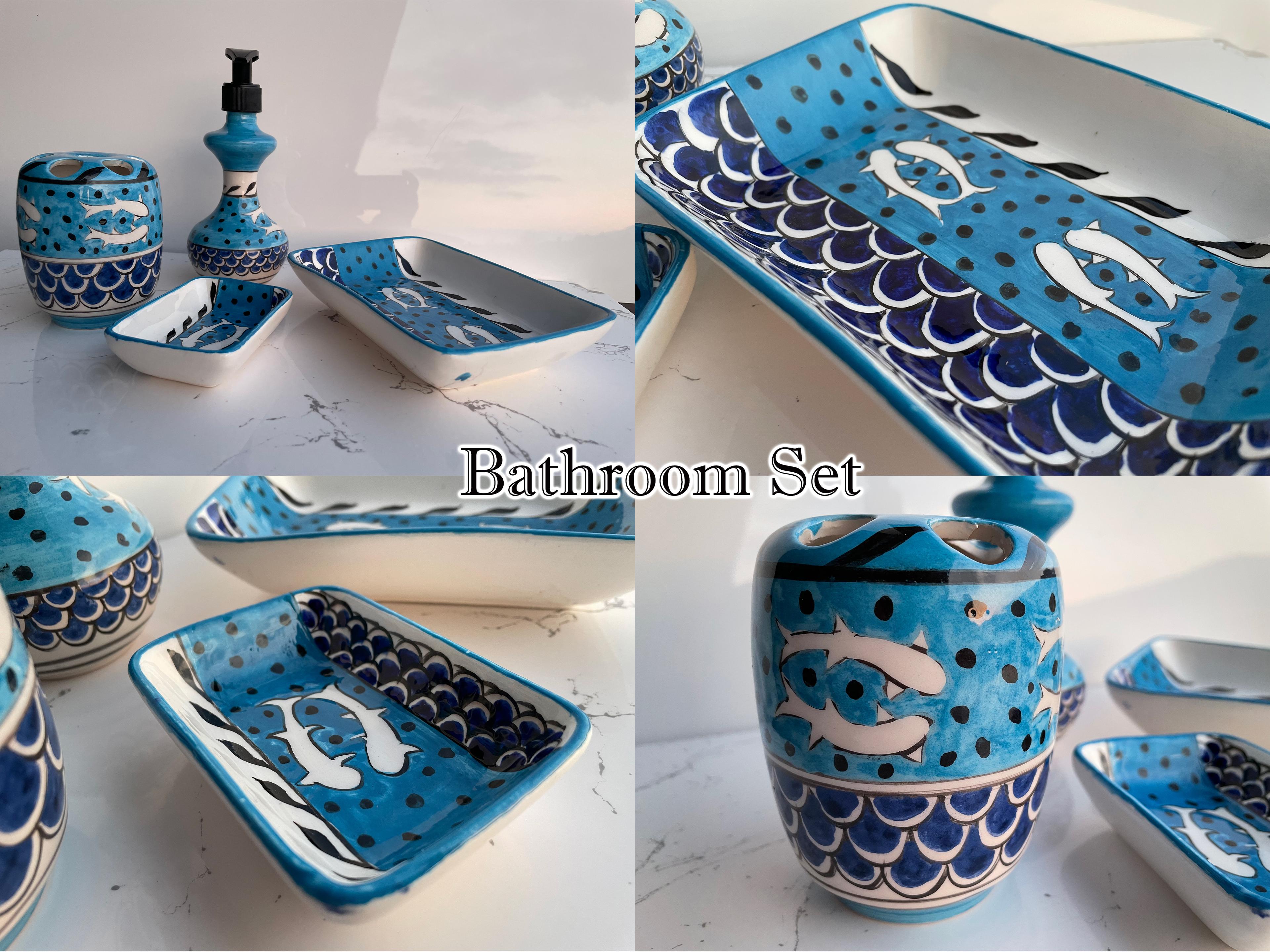 Hand Painted Ceramic Bathroom Accessory Set - Sharks in the Ocean